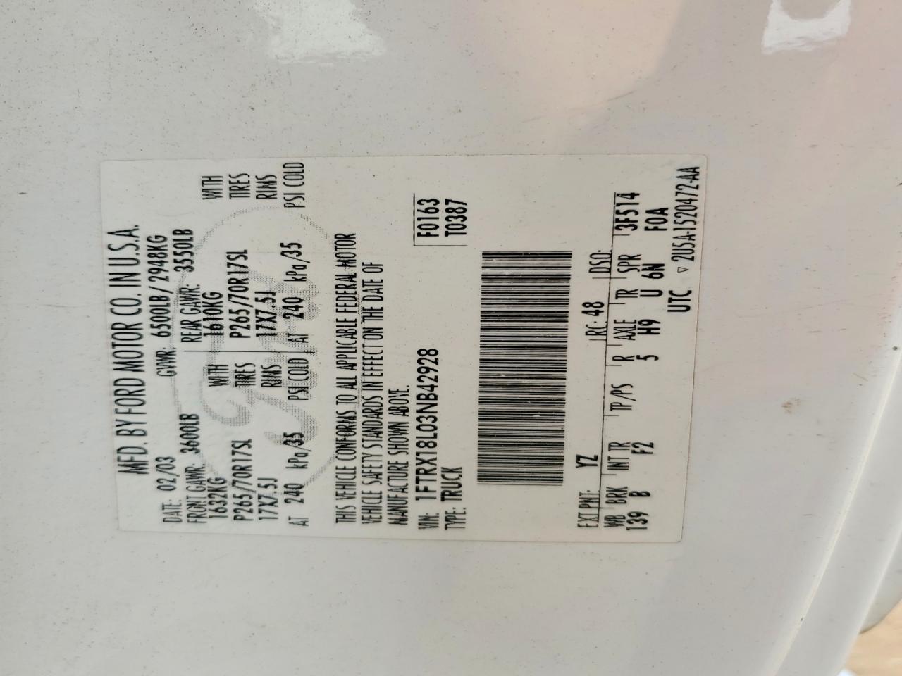 2003 Ford F150 White vin: 1FTRX18L03NB42928