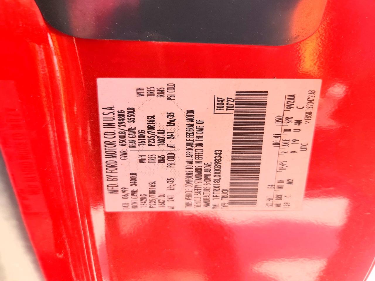 1999 Ford F150 Red vin: 1FTRX18L0XKB98343