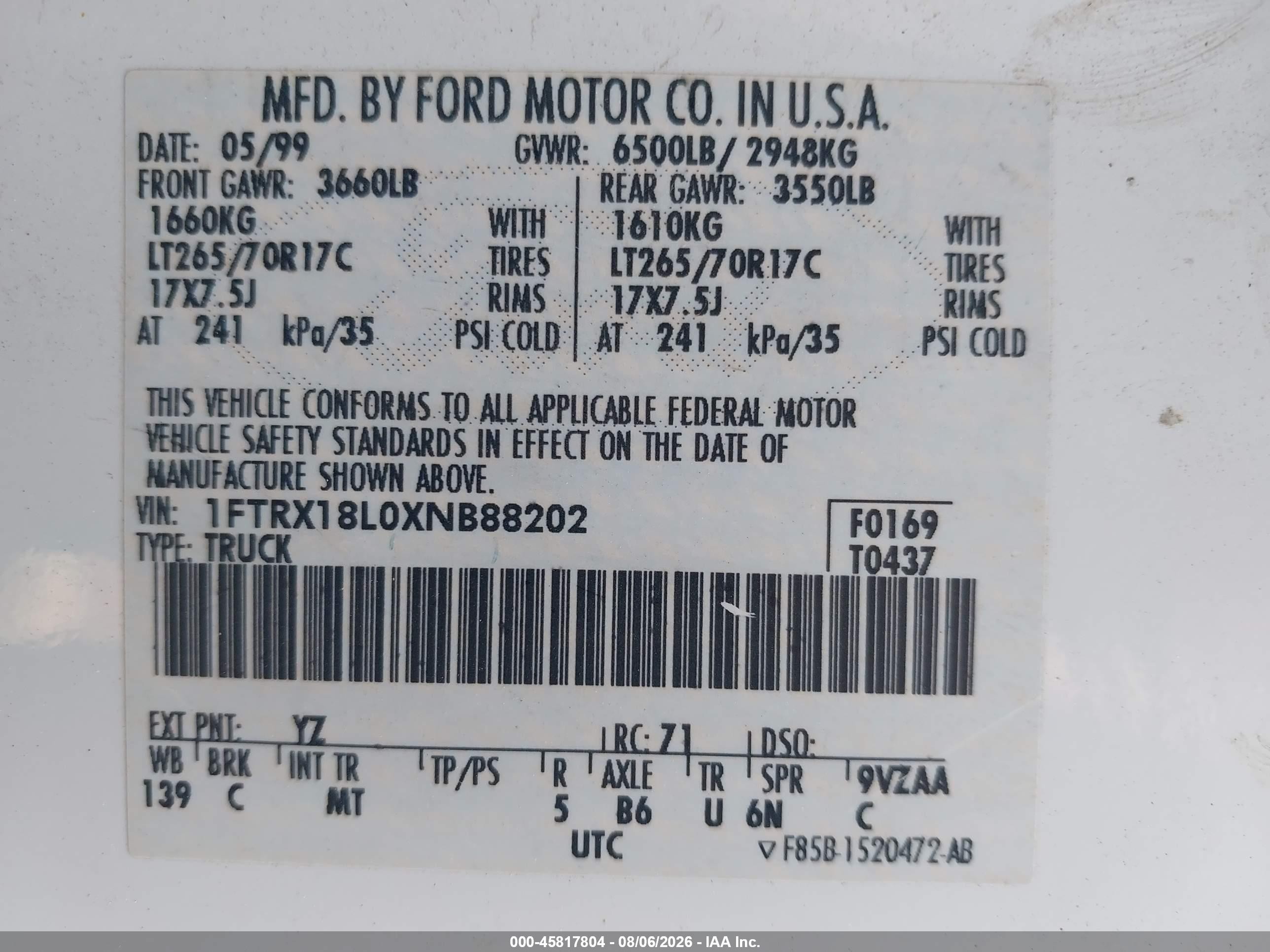 1999 Ford F-150 Lariat/xl/xlt White vin: 1FTRX18L0XNB88202