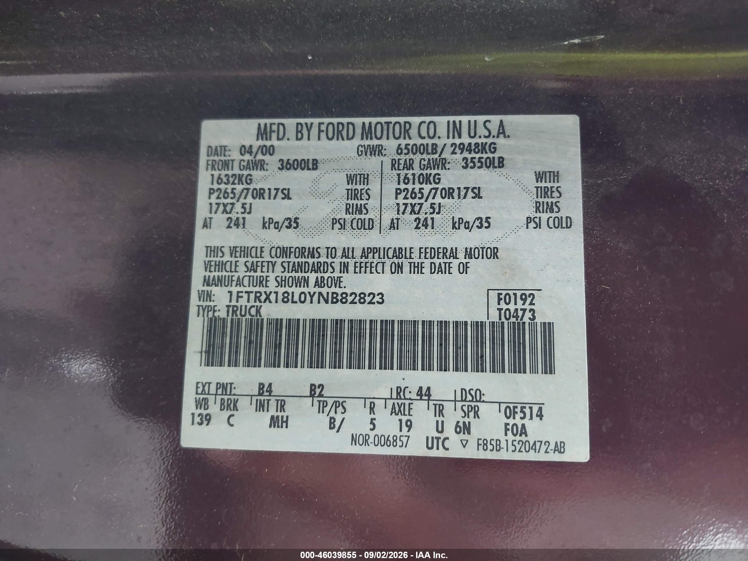 2000 Ford F-150 Lariat/work Series/xl/xlt Burgundy vin: 1FTRX18L0YNB82823