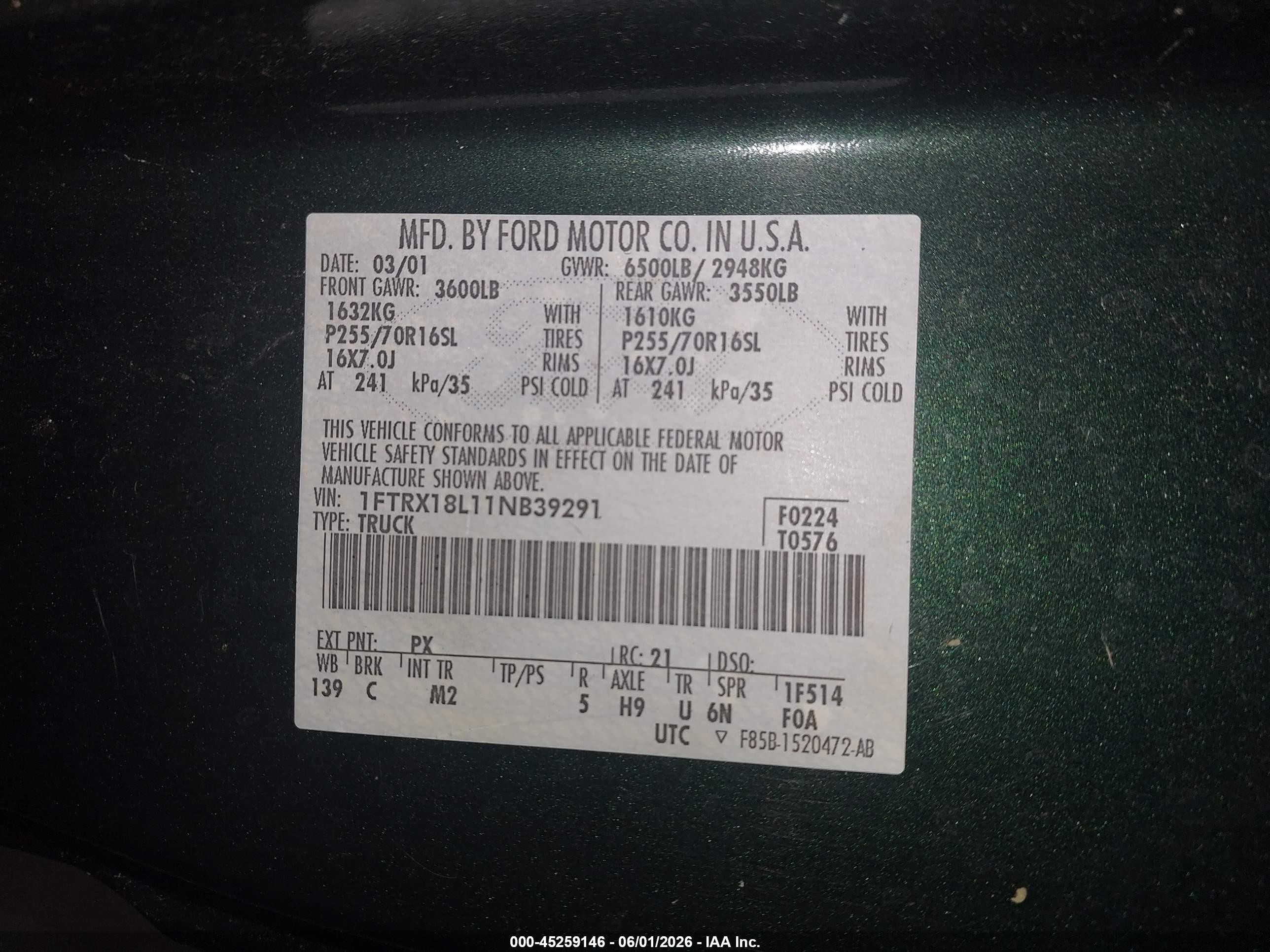 2001 Ford F-150 Lariat/xl/xlt Green vin: 1FTRX18L11NB39291
