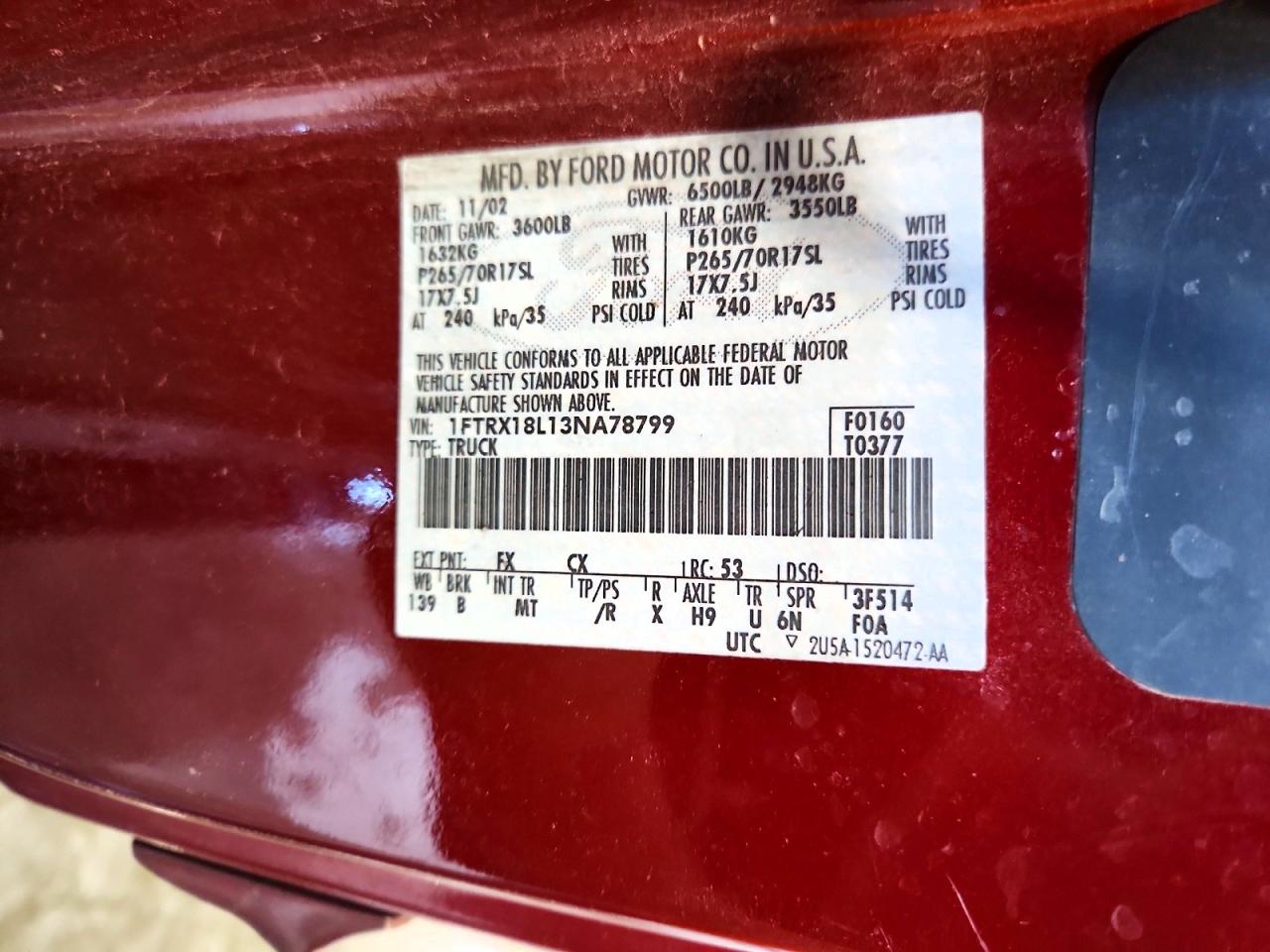 2003 Ford F150 Maroon vin: 1FTRX18L13NA78799