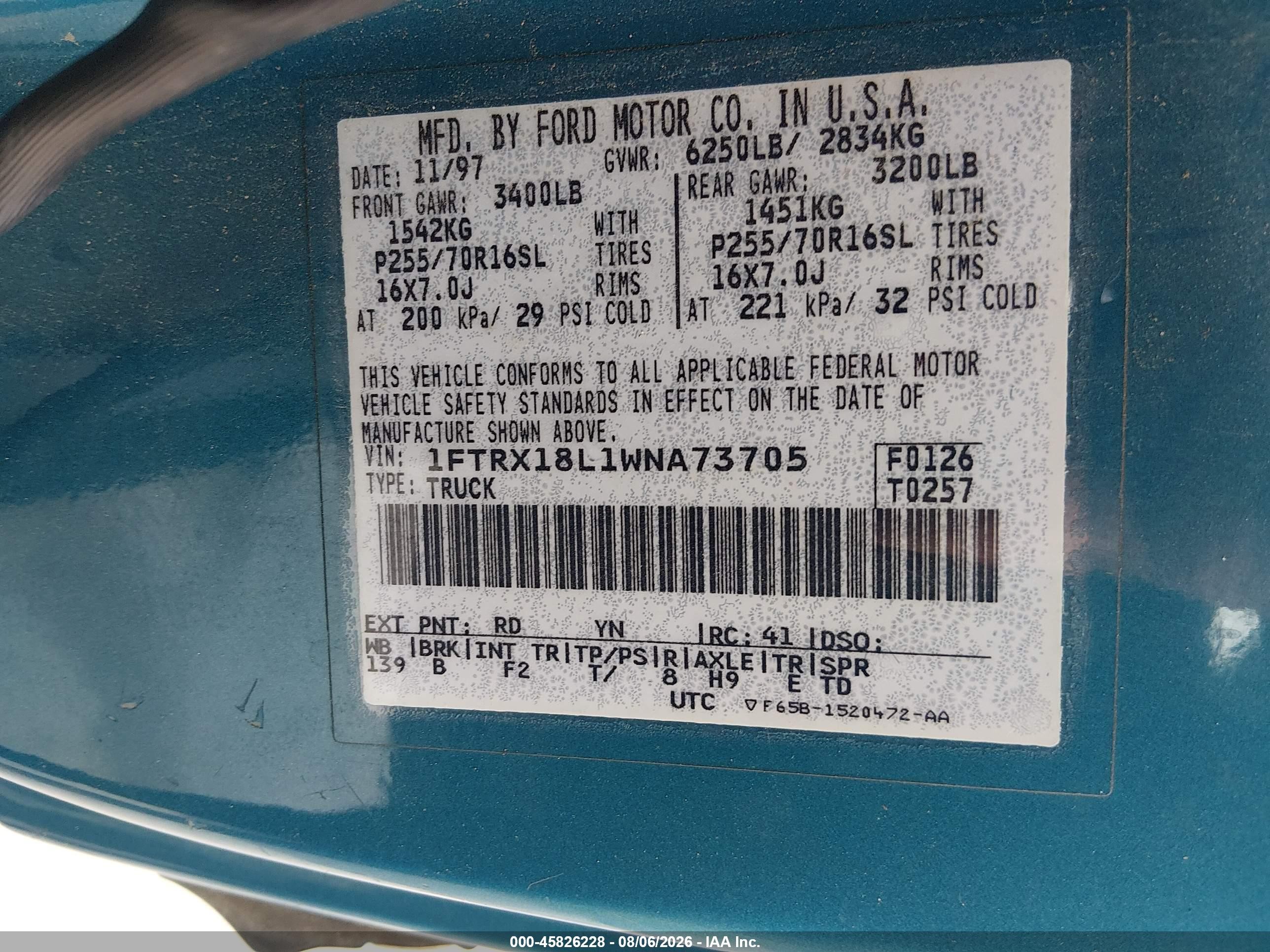 1998 Ford F-150 Lariat/standard/xl/xlt Blue vin: 1FTRX18L1WNA73705