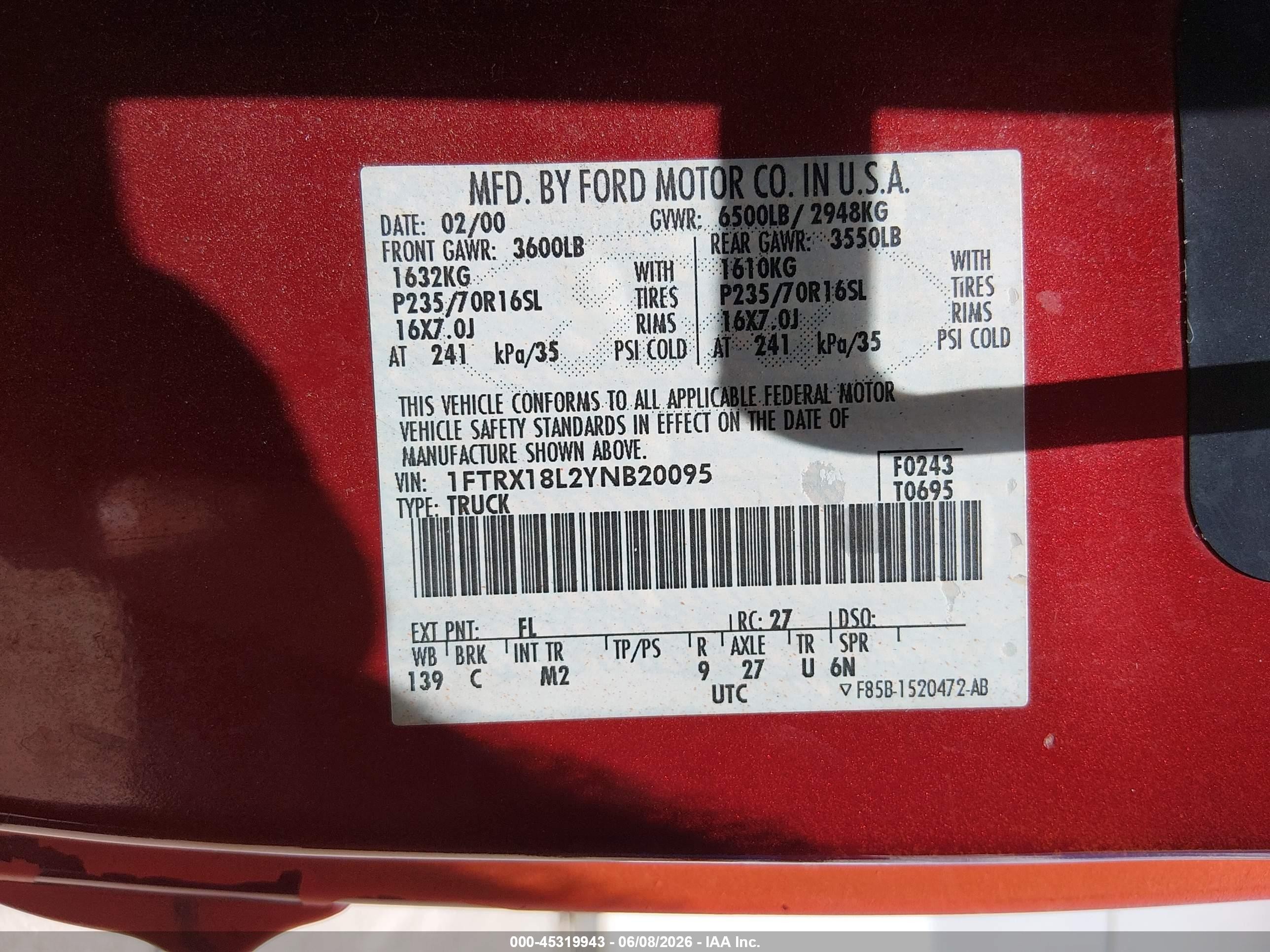 2000 Ford F-150 Lariat/work Series/xl/xlt Orange vin: 1FTRX18L2YNB20095