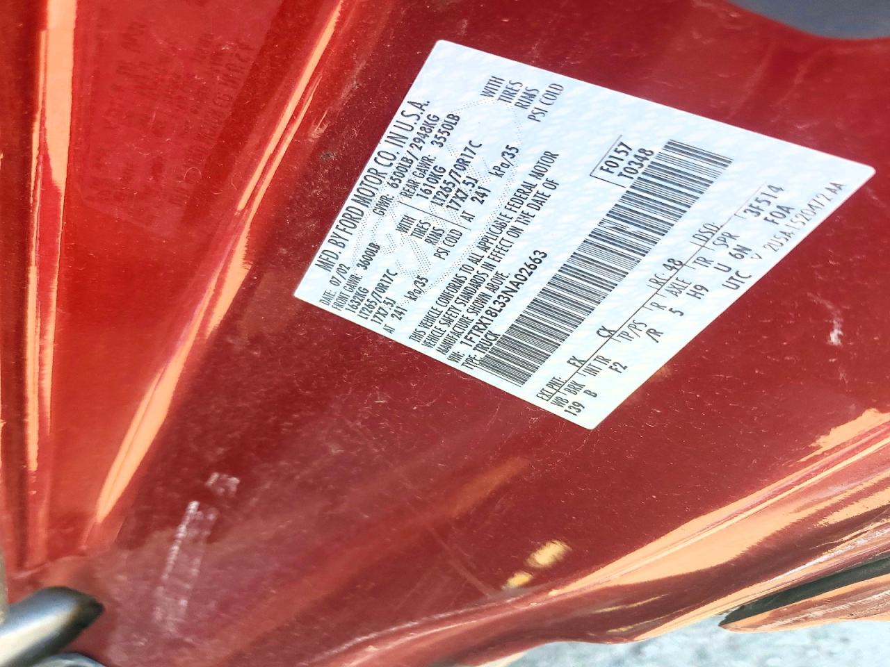 2003 Ford F150 Burgundy vin: 1FTRX18L33NA02663