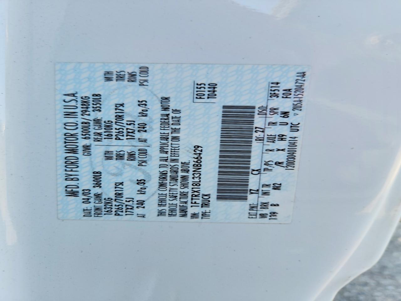 2003 Ford F150 White vin: 1FTRX18L33NB66429