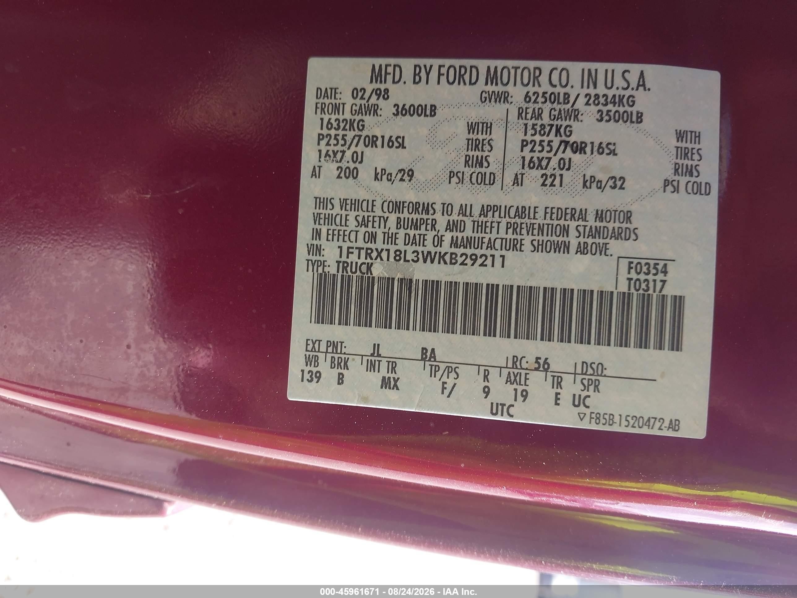1998 Ford F-150 Lariat/standard/xl/xlt Maroon vin: 1FTRX18L3WKB29211