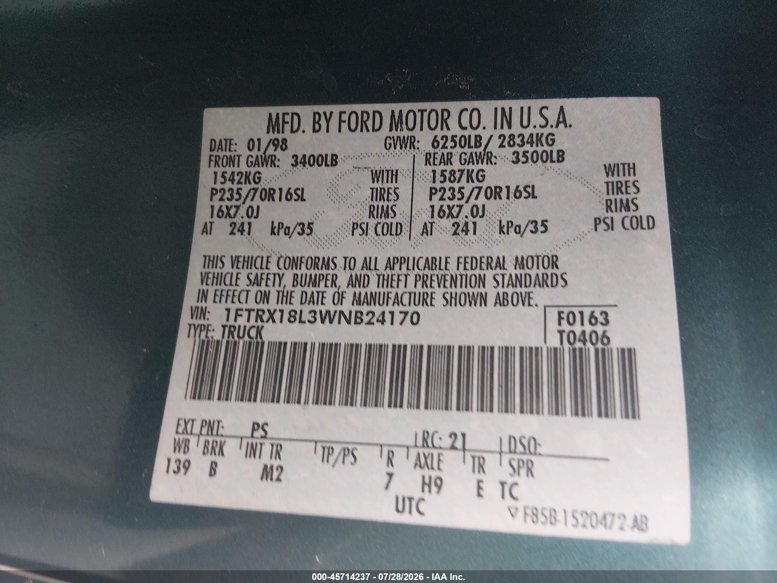 1998 Ford F-150 Lariat/standard/xl/xlt Green vin: 1FTRX18L3WNB24170