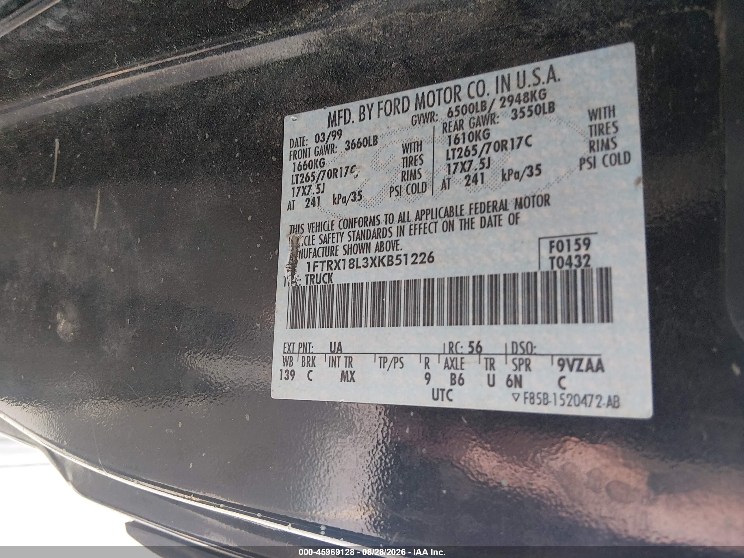 1999 Ford F-150 Lariat/xl/xlt Black vin: 1FTRX18L3XKB51226