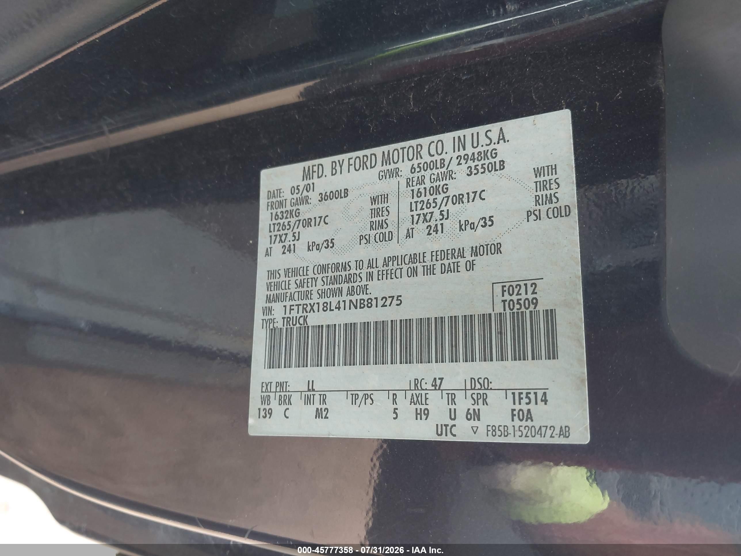 2001 Ford F-150 Lariat/xl/xlt Blue vin: 1FTRX18L41NB81275