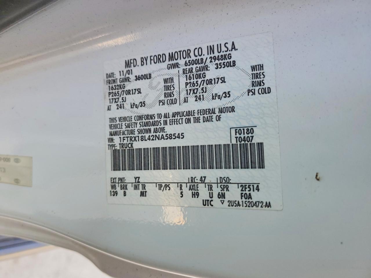 2002 Ford F150 White vin: 1FTRX18L42NA58545