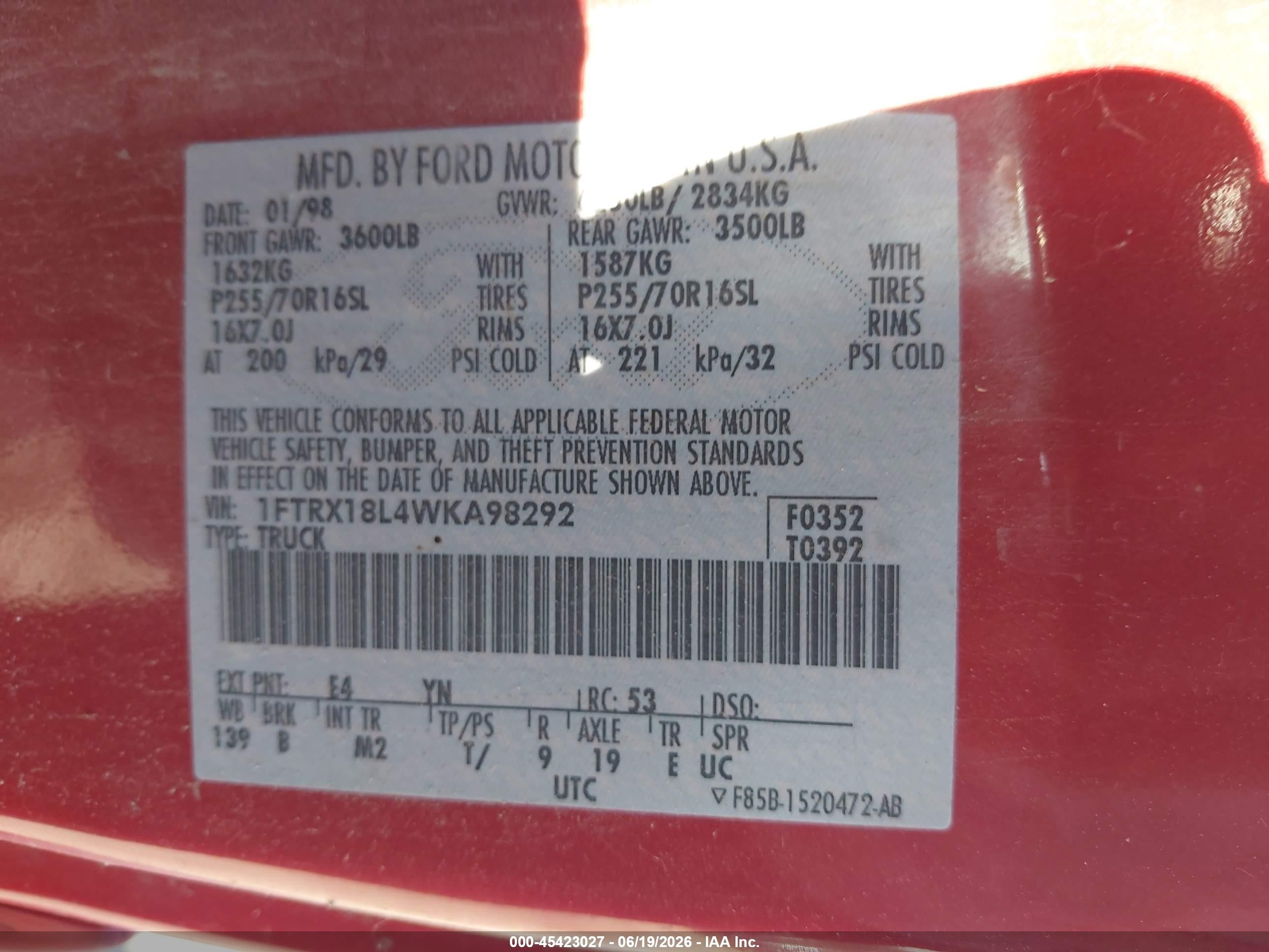 1998 Ford F-150 Lariat/standard/xl/xlt Red vin: 1FTRX18L4WKA98292