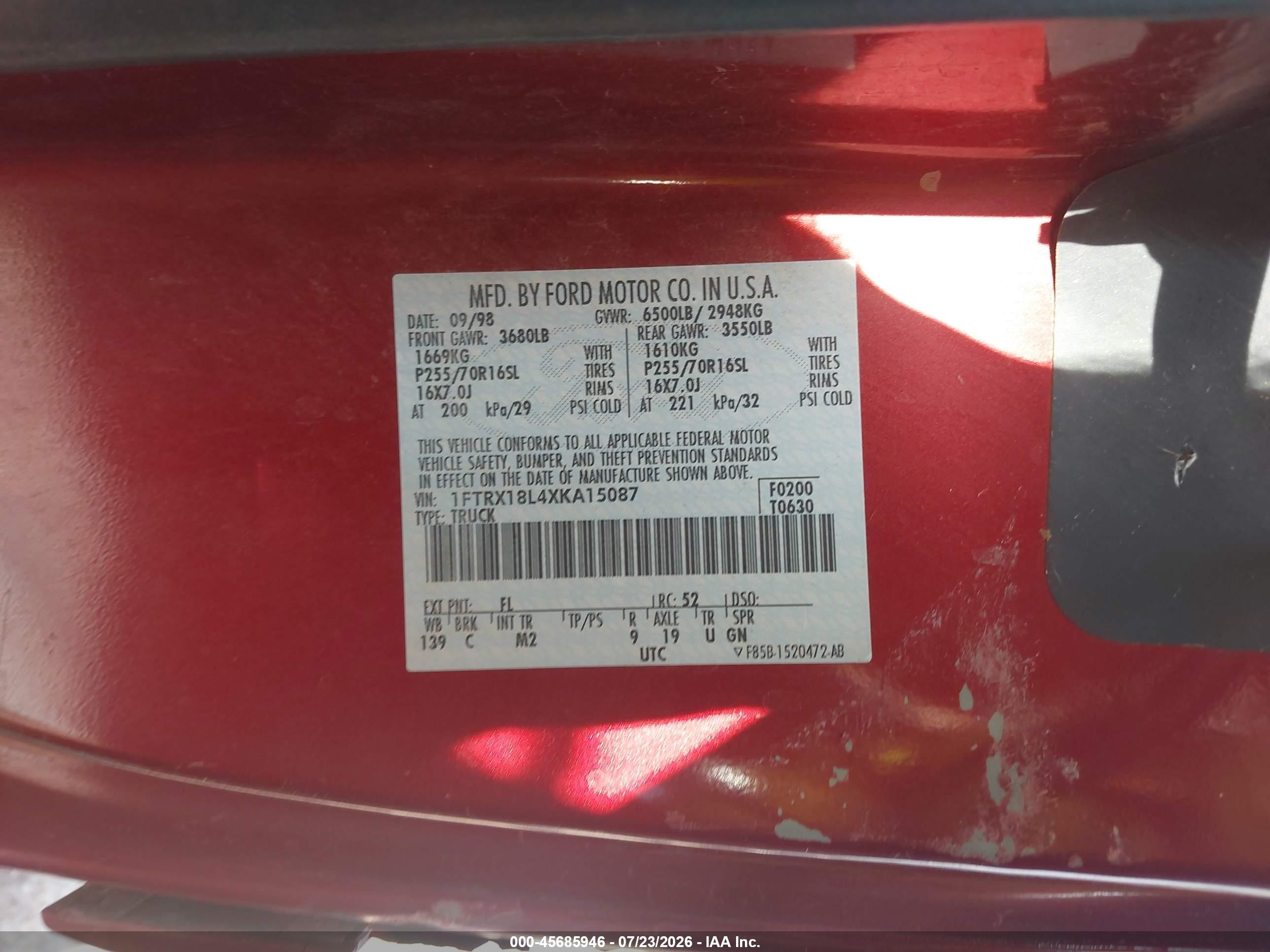 1999 Ford F-150 Lariat/xl/xlt Burgundy vin: 1FTRX18L4XKA15087