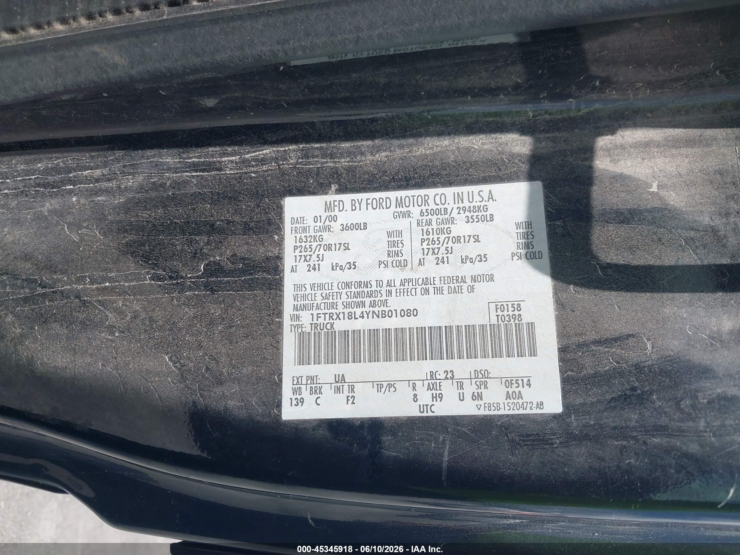 2000 Ford F-150 Lariat/work Series/xl/xlt Black vin: 1FTRX18L4YNB01080