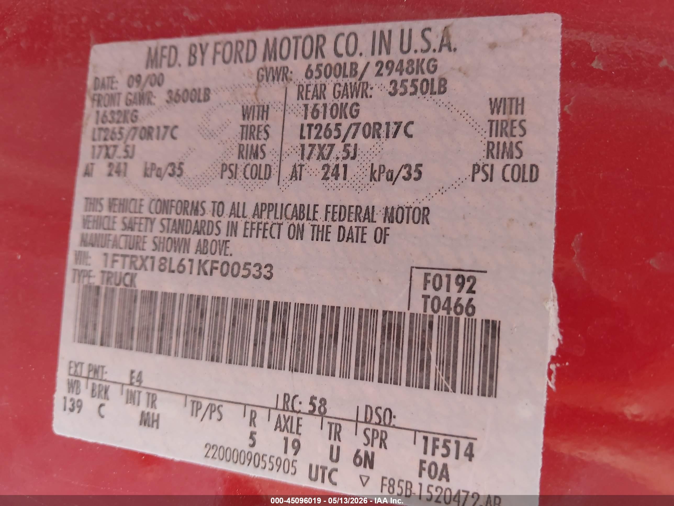 2001 Ford F-150 Lariat/xl/xlt Red vin: 1FTRX18L61KF00533