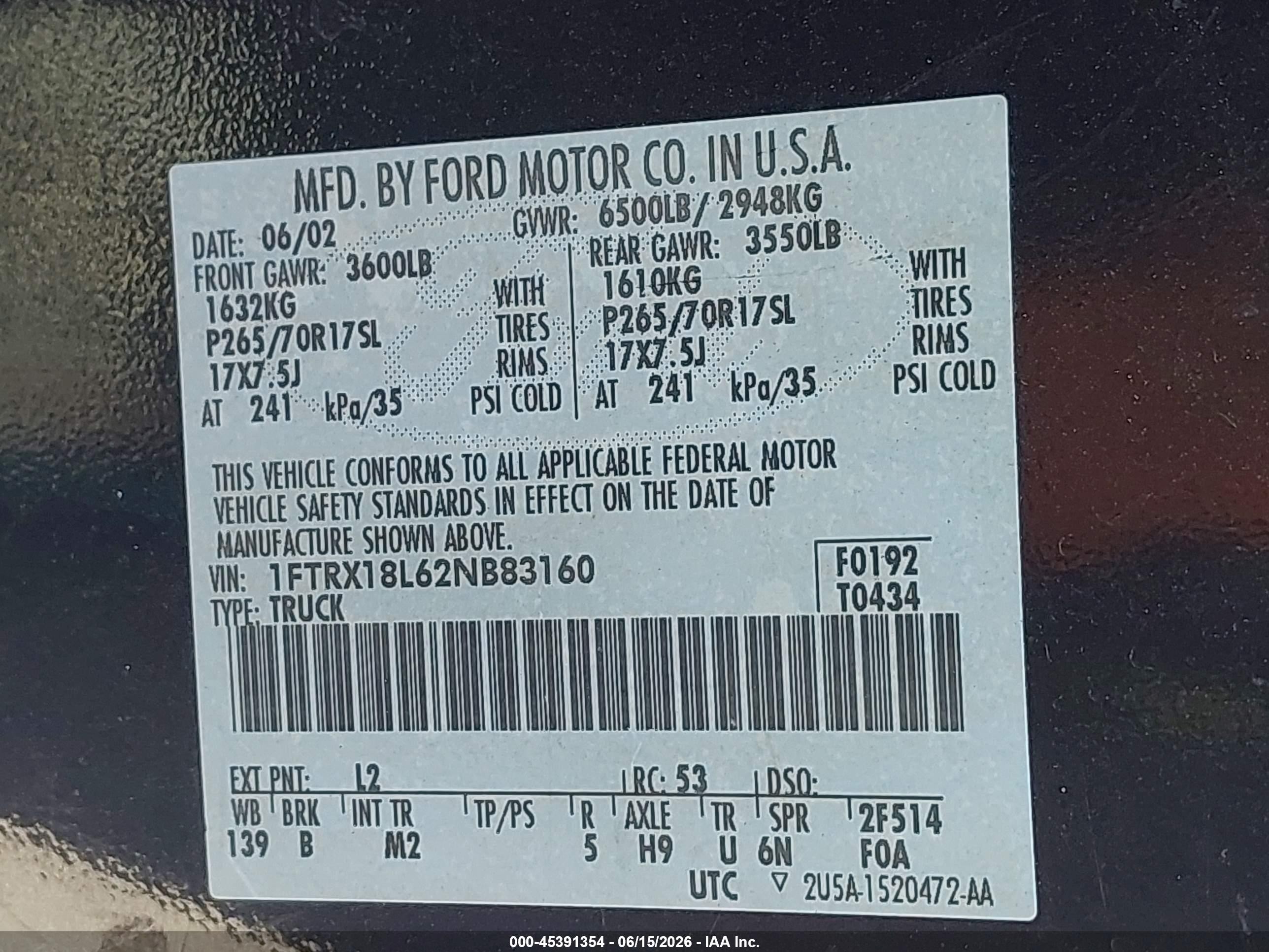 2002 Ford F-150 Lariat/xl/xlt Blue vin: 1FTRX18L62NB83160