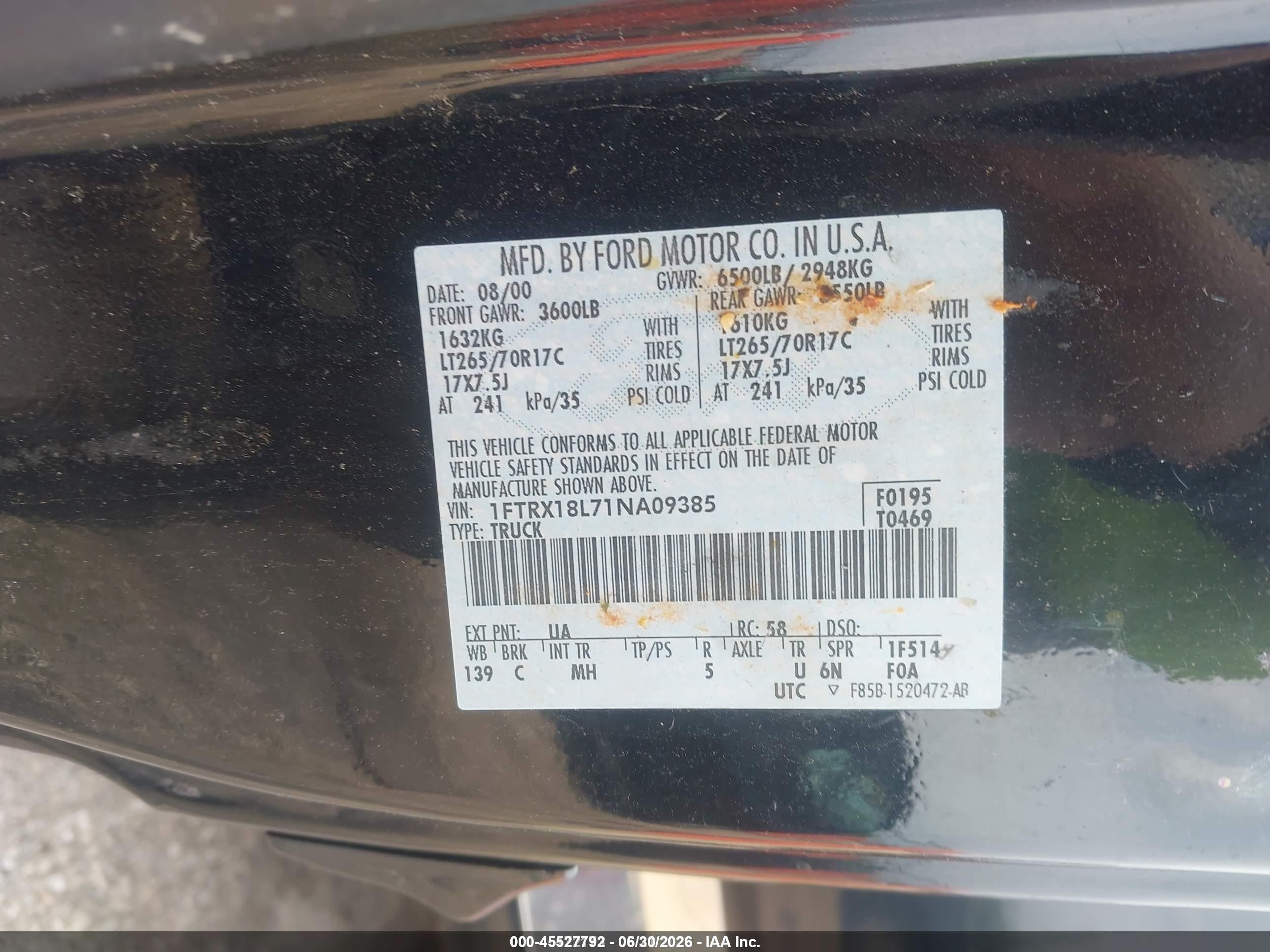 2001 Ford F-150 Lariat/xl/xlt Black vin: 1FTRX18L71NA09385