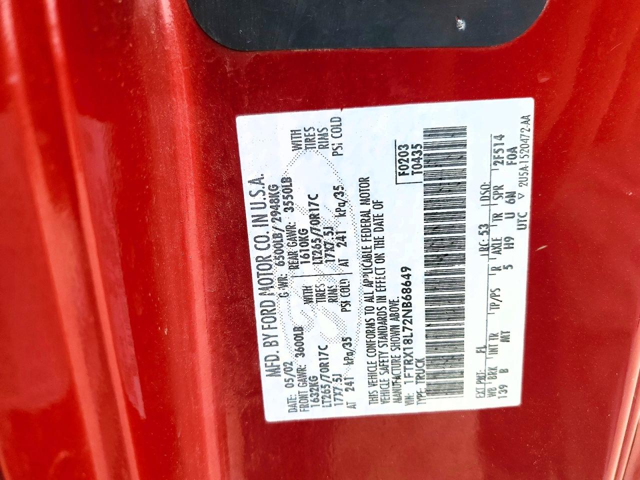 2002 Ford F150 Red vin: 1FTRX18L72NB68649