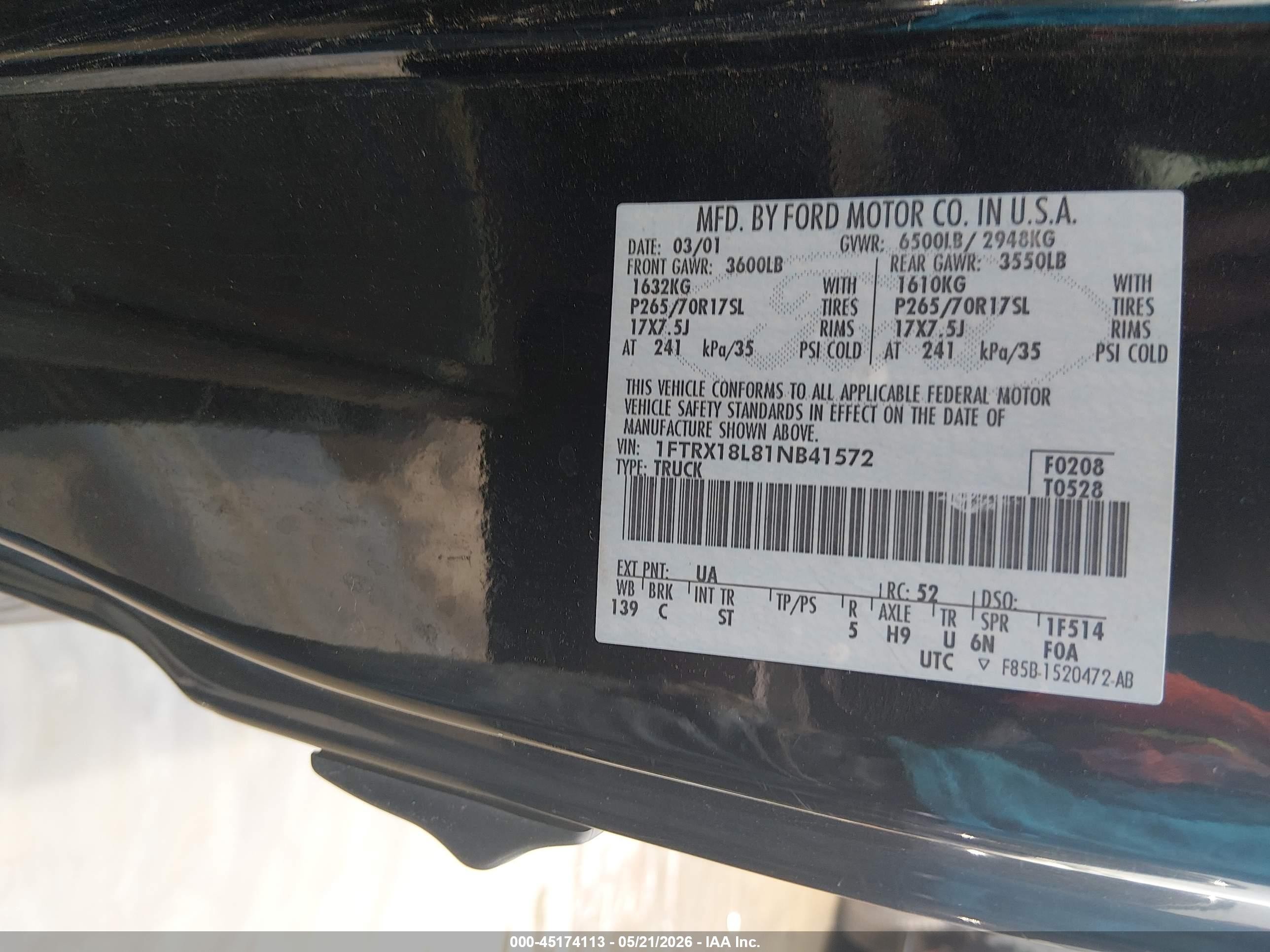 2001 Ford F-150 Lariat/xl/xlt Black vin: 1FTRX18L81NB41572