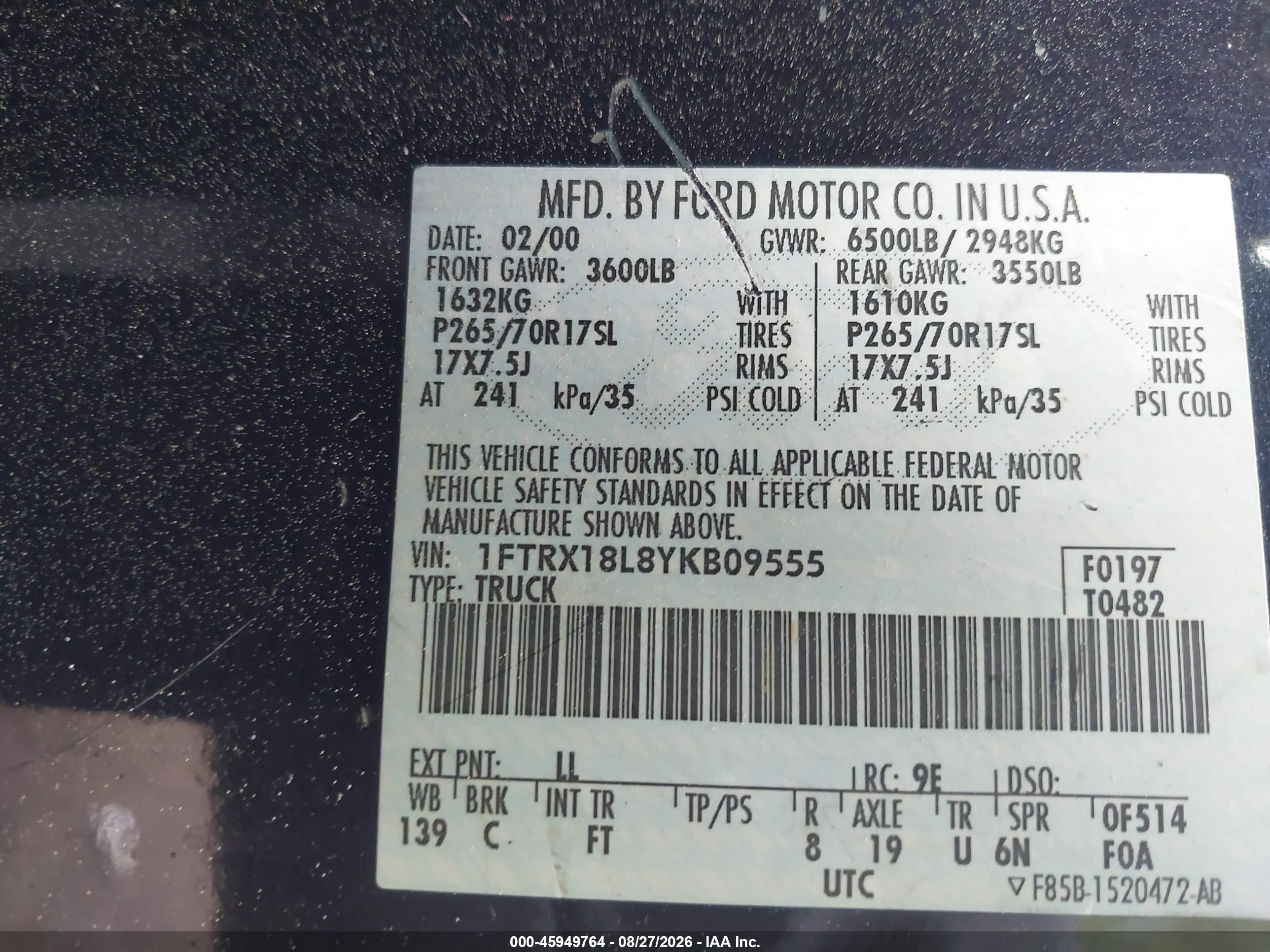2000 Ford F150   Blue vin: 1FTRX18L8YKB09555