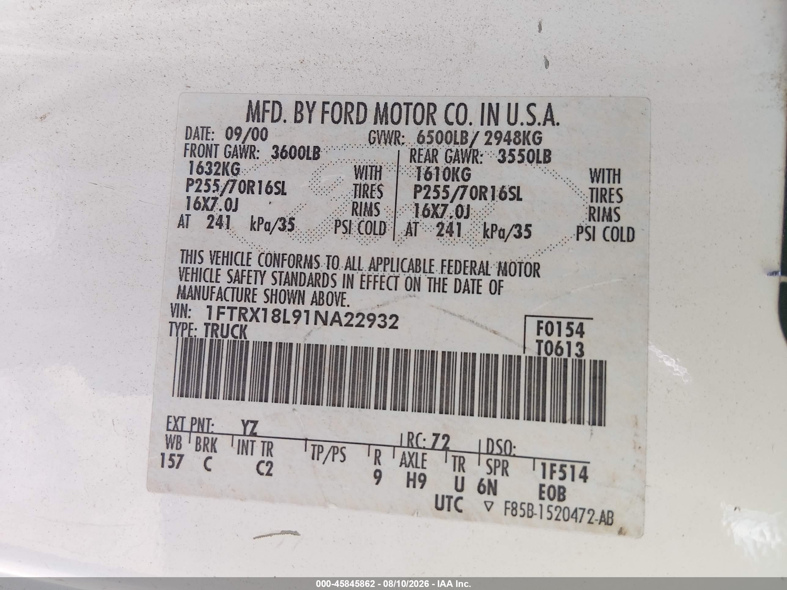 2001 Ford F-150 Lariat/xl/xlt Белый vin: 1FTRX18L91NA22932