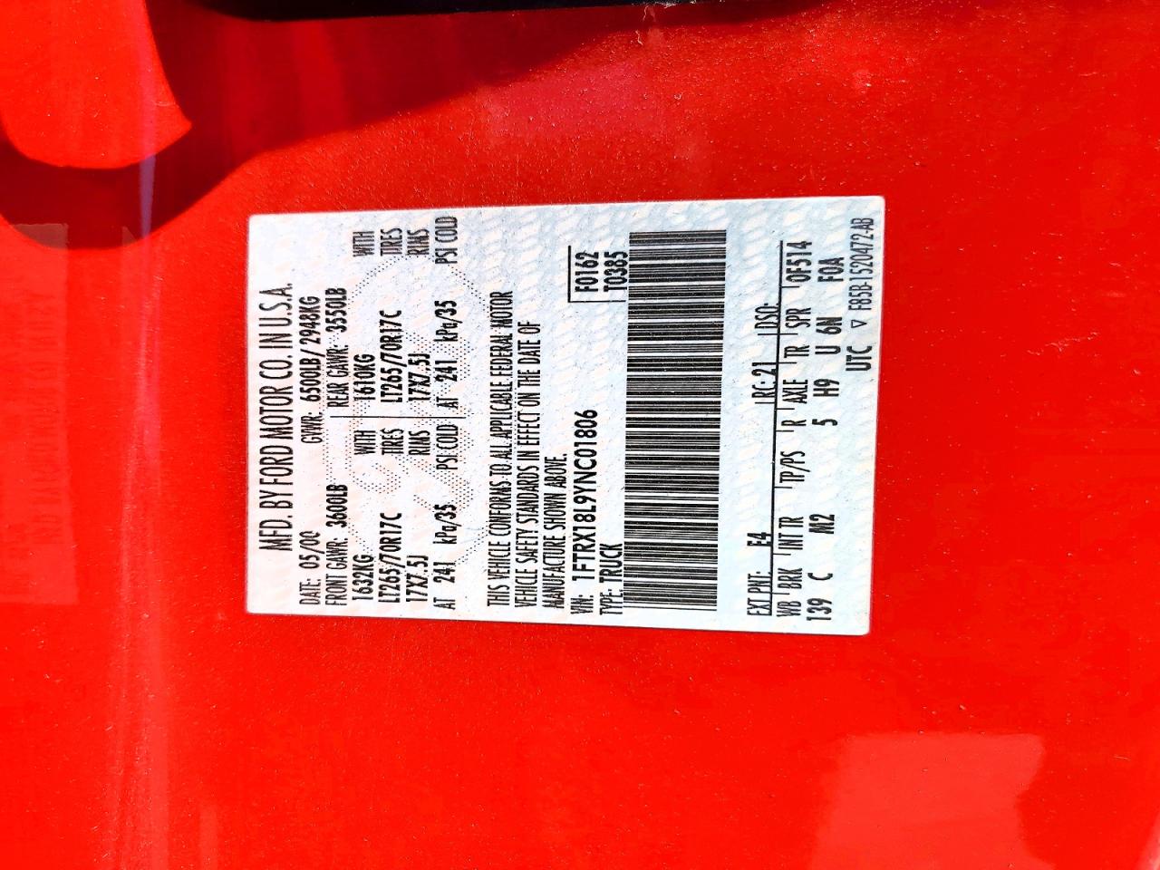 2000 Ford F150 Red vin: 1FTRX18L9YNC01806