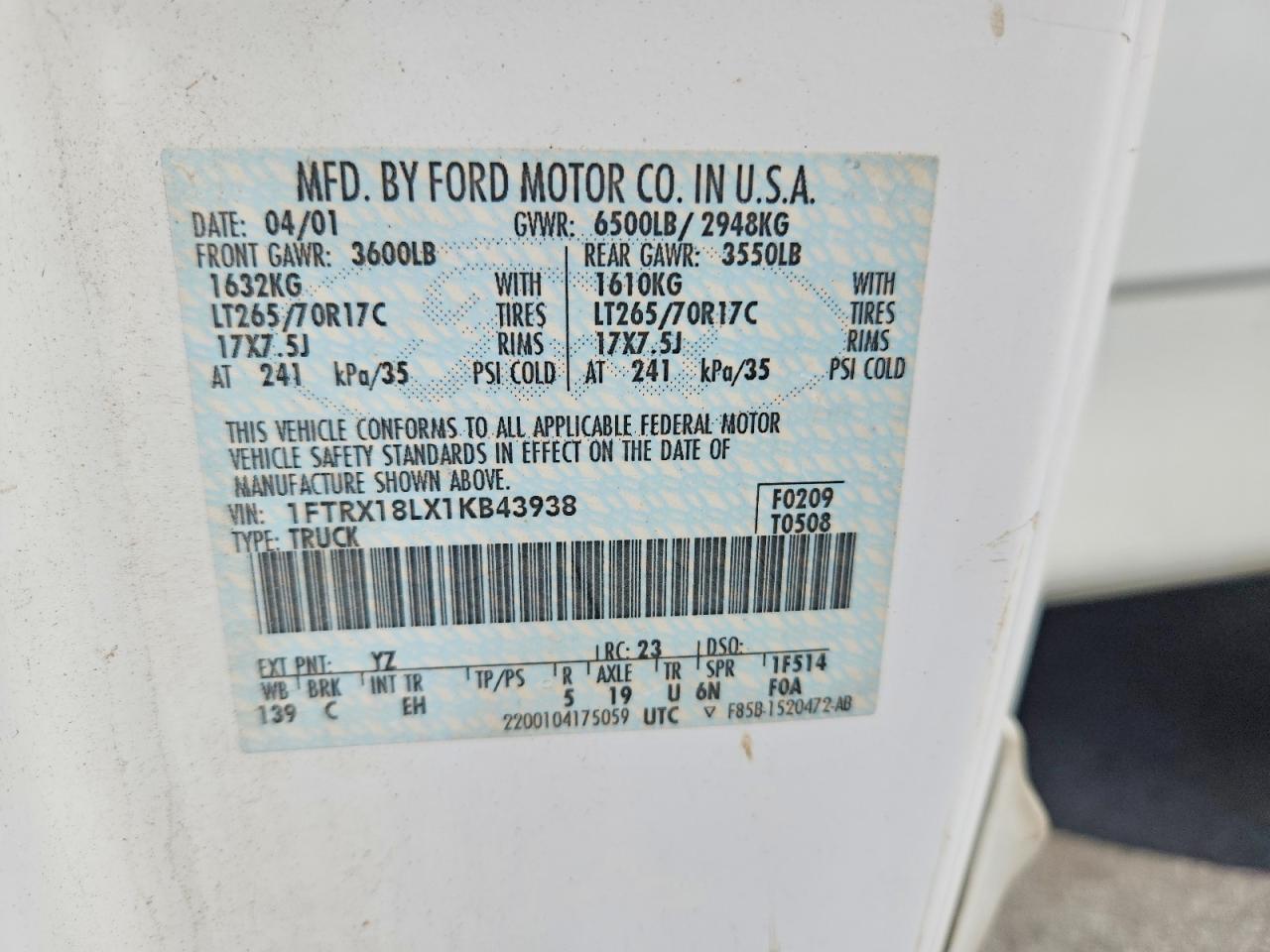 2001 Ford F150 Белый vin: 1FTRX18LX1KB43938