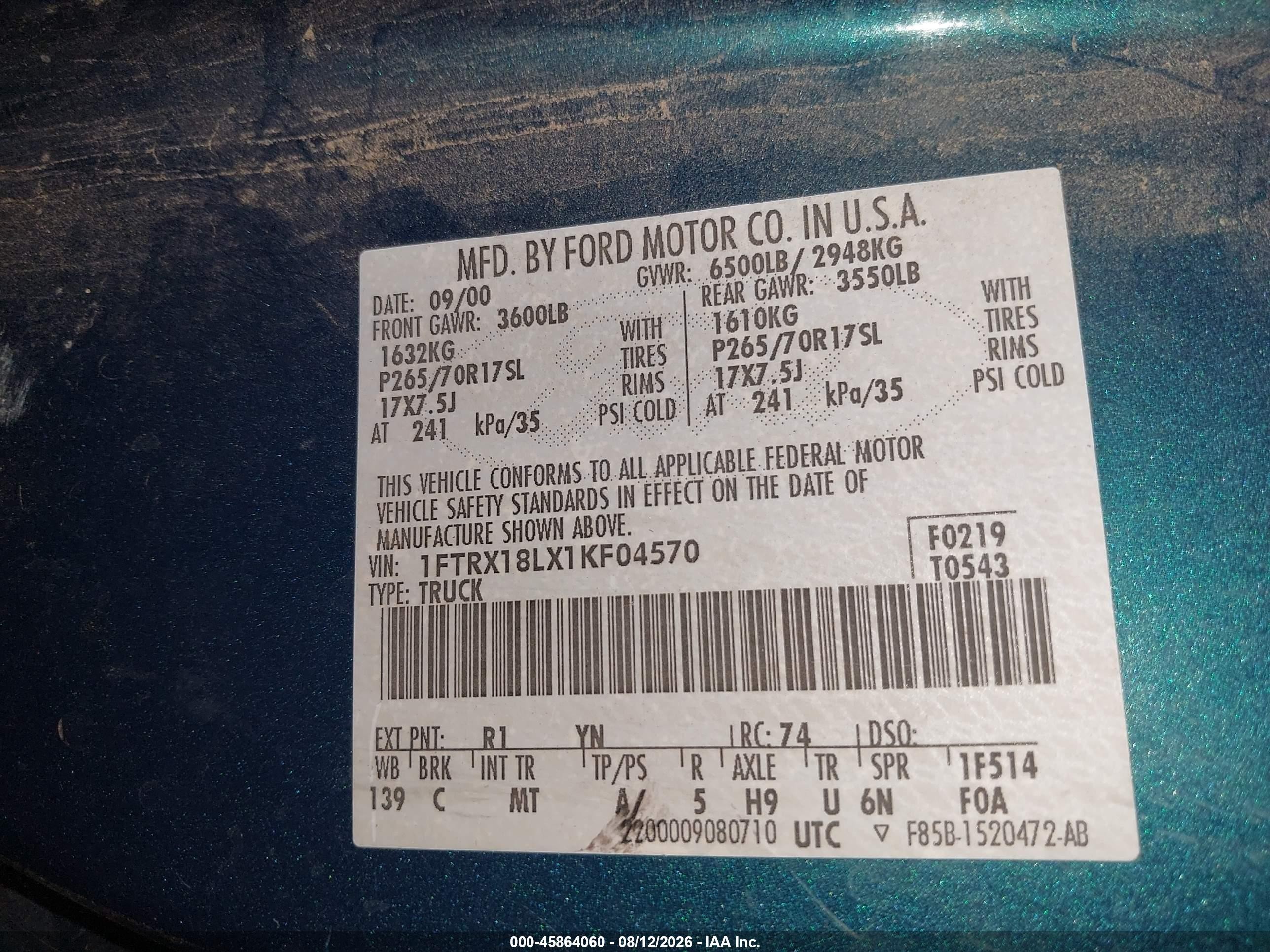 2001 Ford F-150 Lariat/xl/xlt Blue vin: 1FTRX18LX1KF04570