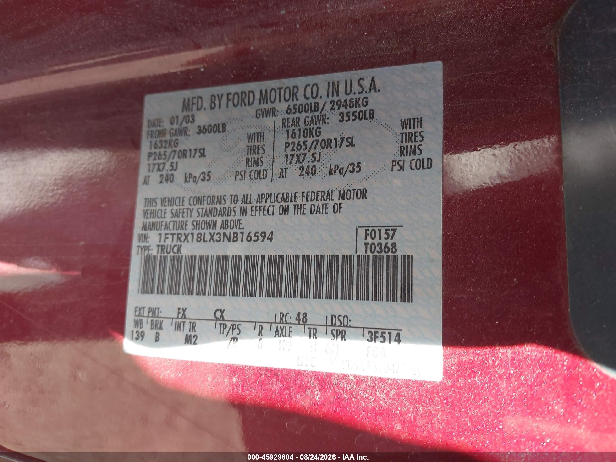 2003 Ford F-150 Lariat/xl/xlt Burgundy vin: 1FTRX18LX3NB16594