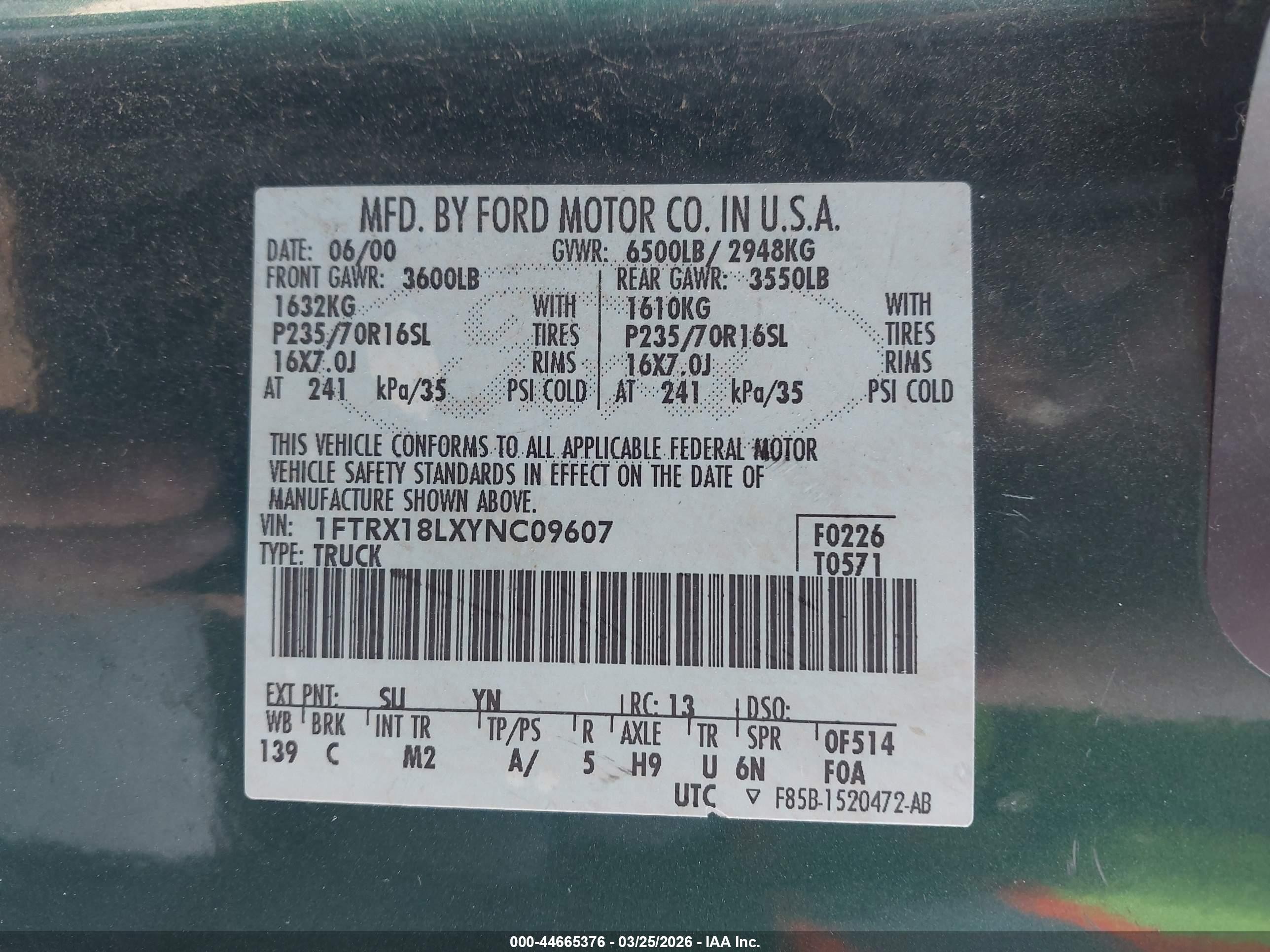 2000 Ford F-150 Lariat/work Series/xl/xlt Green vin: 1FTRX18LXYNC09607