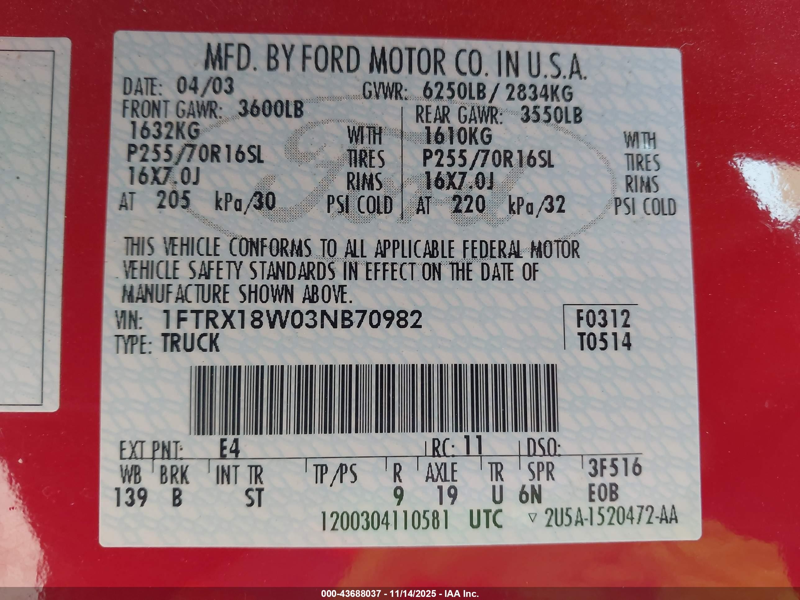 2003 Ford F-150 Lariat/xl/xlt Красный vin: 1FTRX18W03NB70982