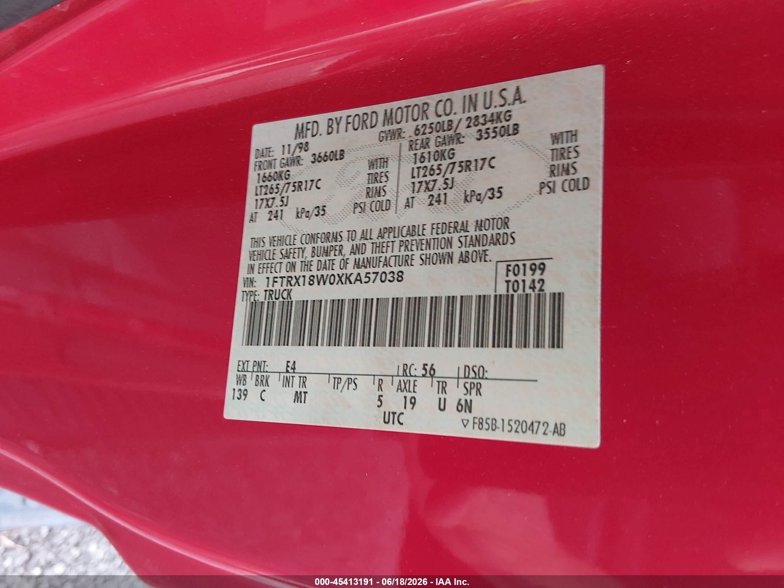 1999 Ford F-150 Lariat/work Series/xl/xlt Red vin: 1FTRX18W0XKA57038
