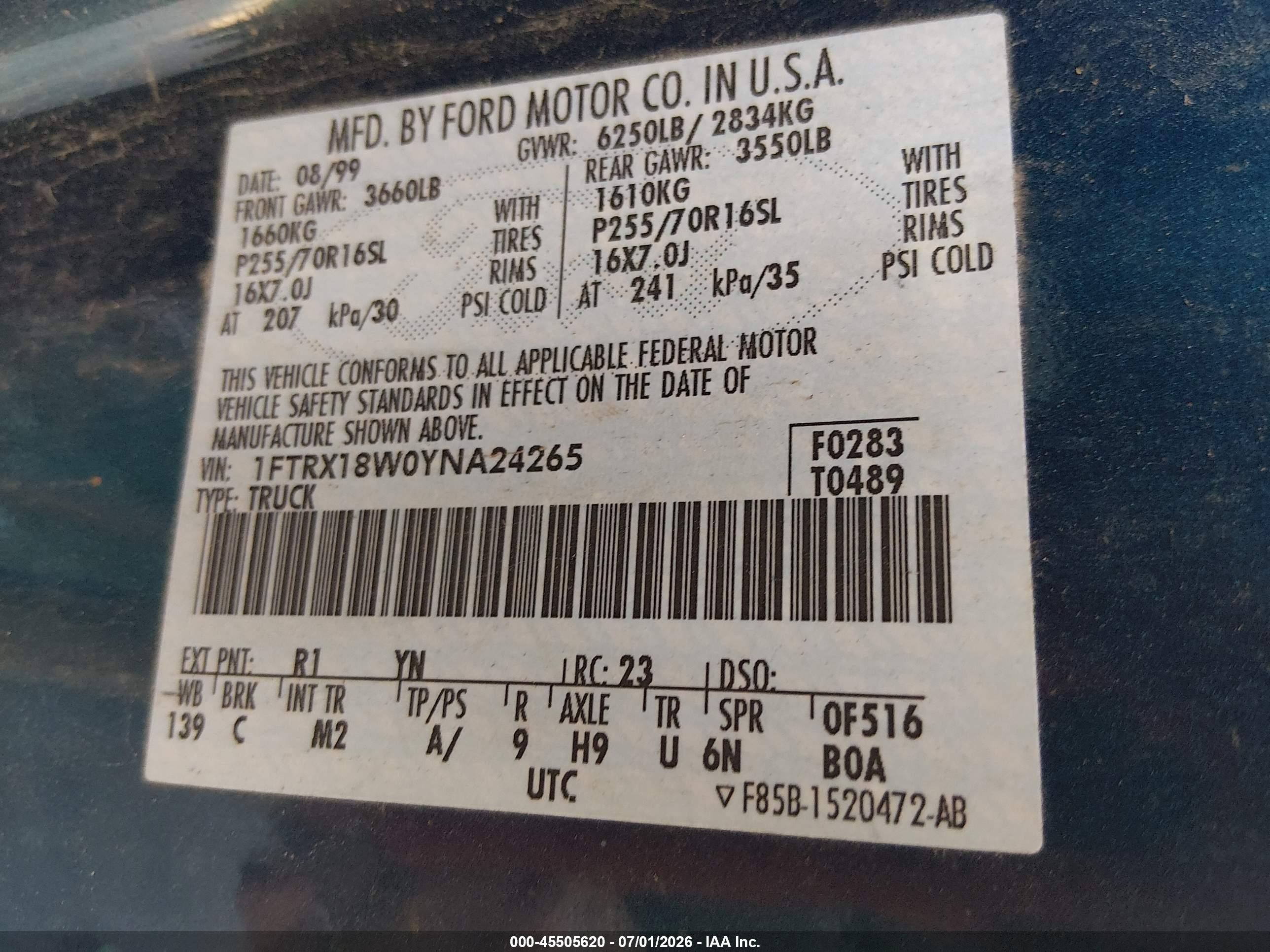 2000 Ford F-150 Lariat/work Series/xl/xlt Blue vin: 1FTRX18W0YNA24265