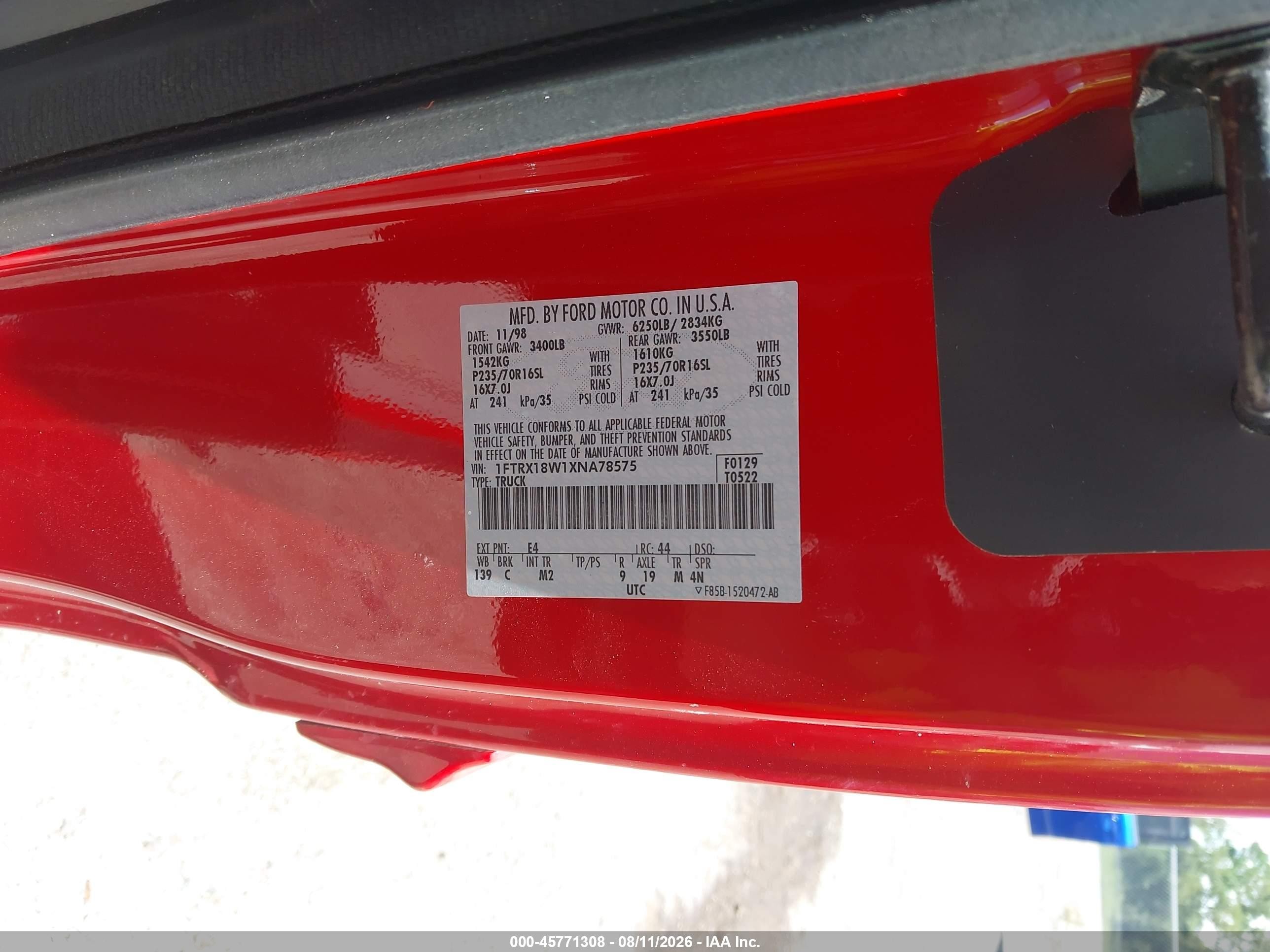 1999 Ford F-150 Lariat/work Series/xl/xlt Red vin: 1FTRX18W1XNA78575