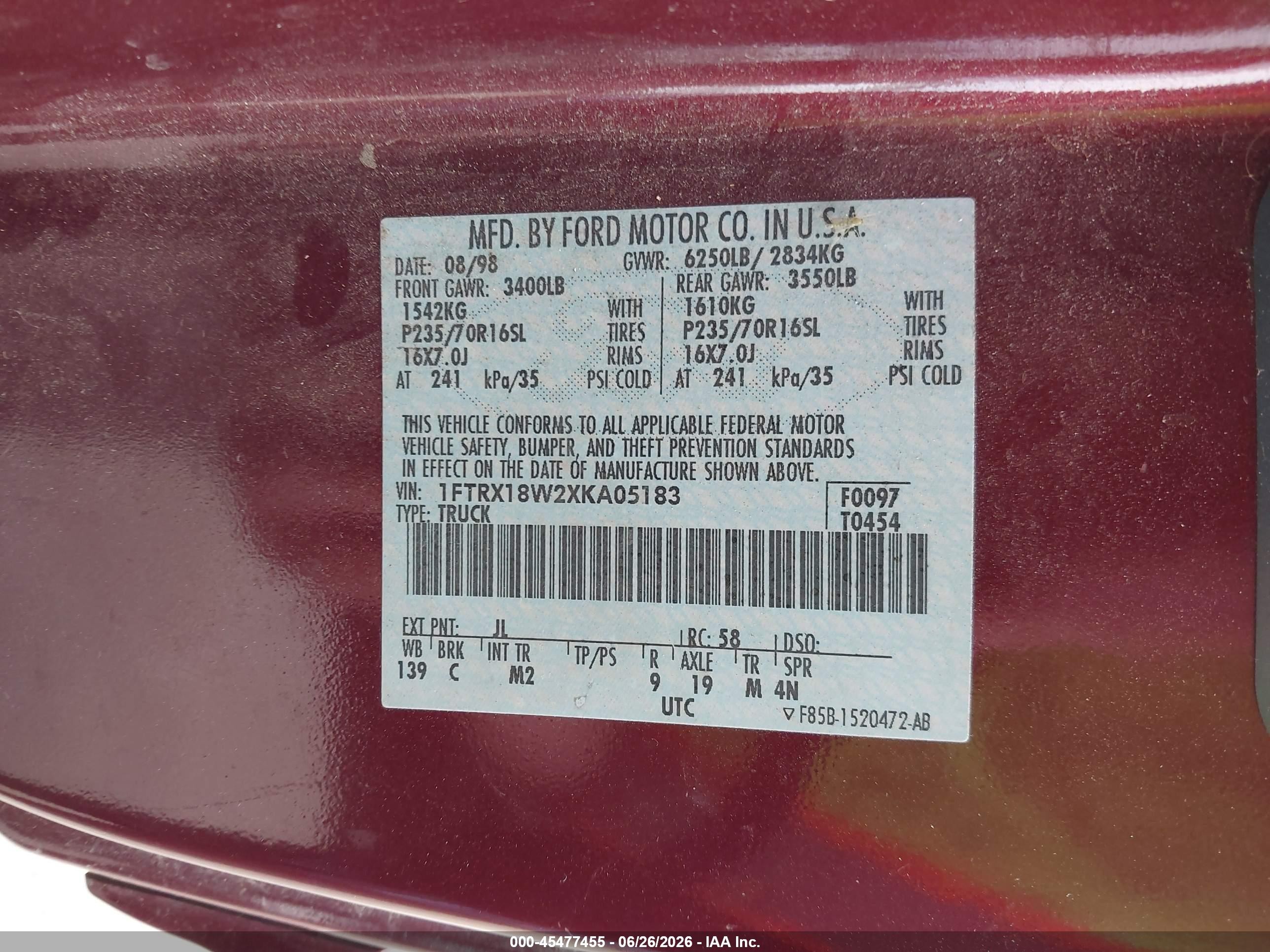 1999 Ford F-150   Red vin: 1FTRX18W2XKA05183