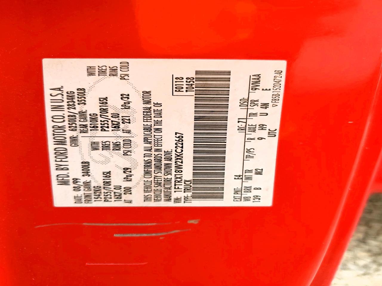 1999 Ford F150 Red vin: 1FTRX18W2XKC22667