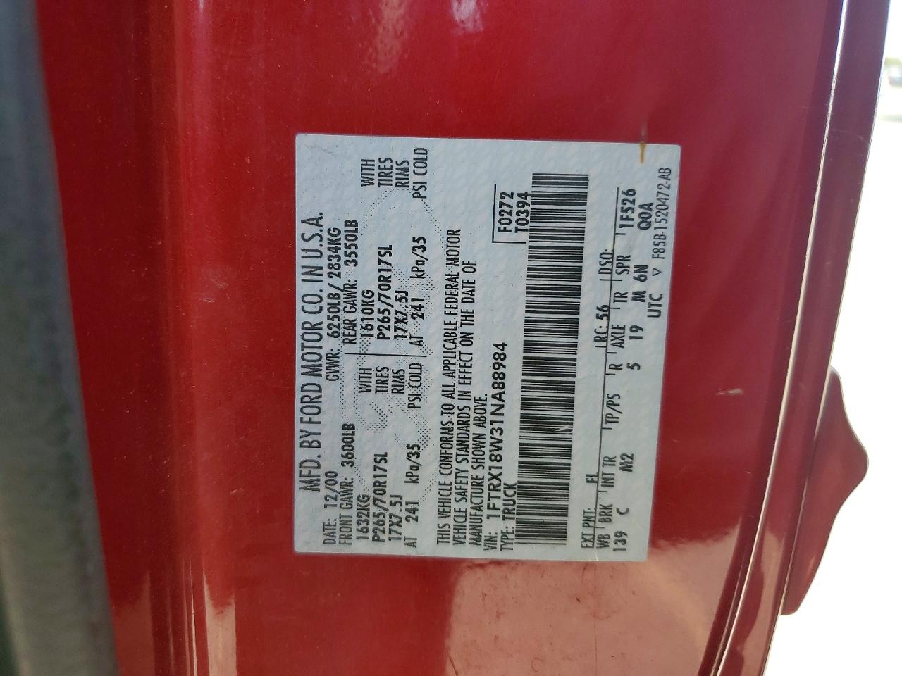 2001 Ford F150 Red vin: 1FTRX18W31NA88984