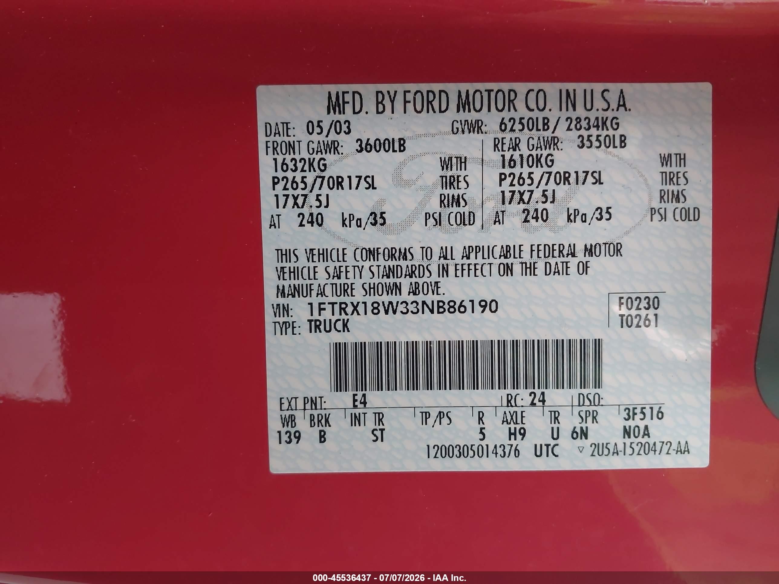 2003 Ford F-150 Lariat/xl/xlt Red vin: 1FTRX18W33NB86190
