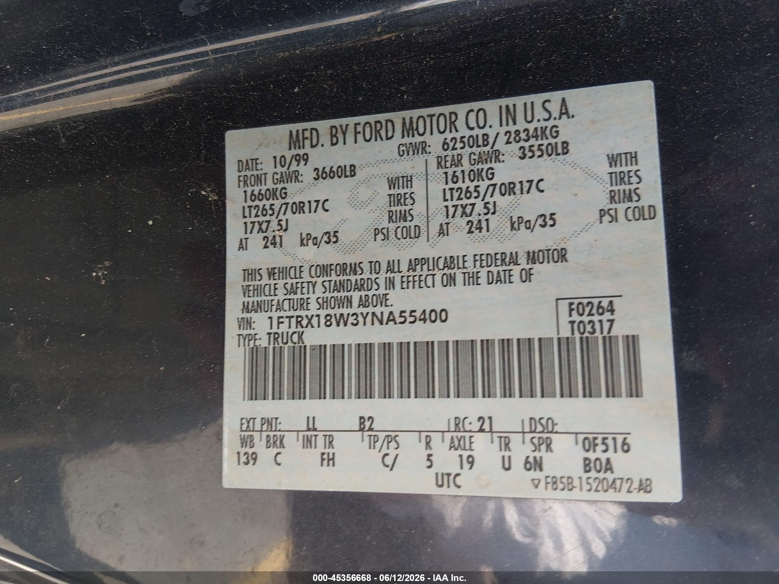 2000 Ford F-150 Lariat/work Series/xl/xlt Black vin: 1FTRX18W3YNA55400