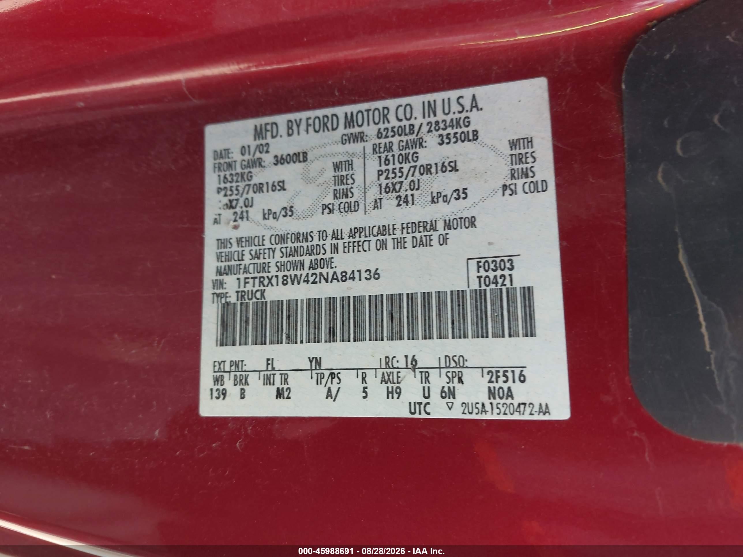 2002 Ford F-150 Lariat/xl/xlt Красный vin: 1FTRX18W42NA84136