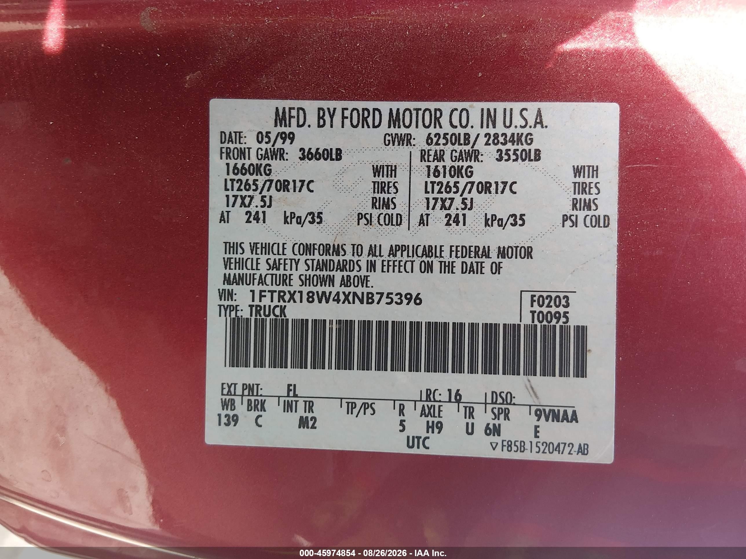 1999 Ford F-150 Lariat/work Series/xl/xlt Red vin: 1FTRX18W4XNB75396