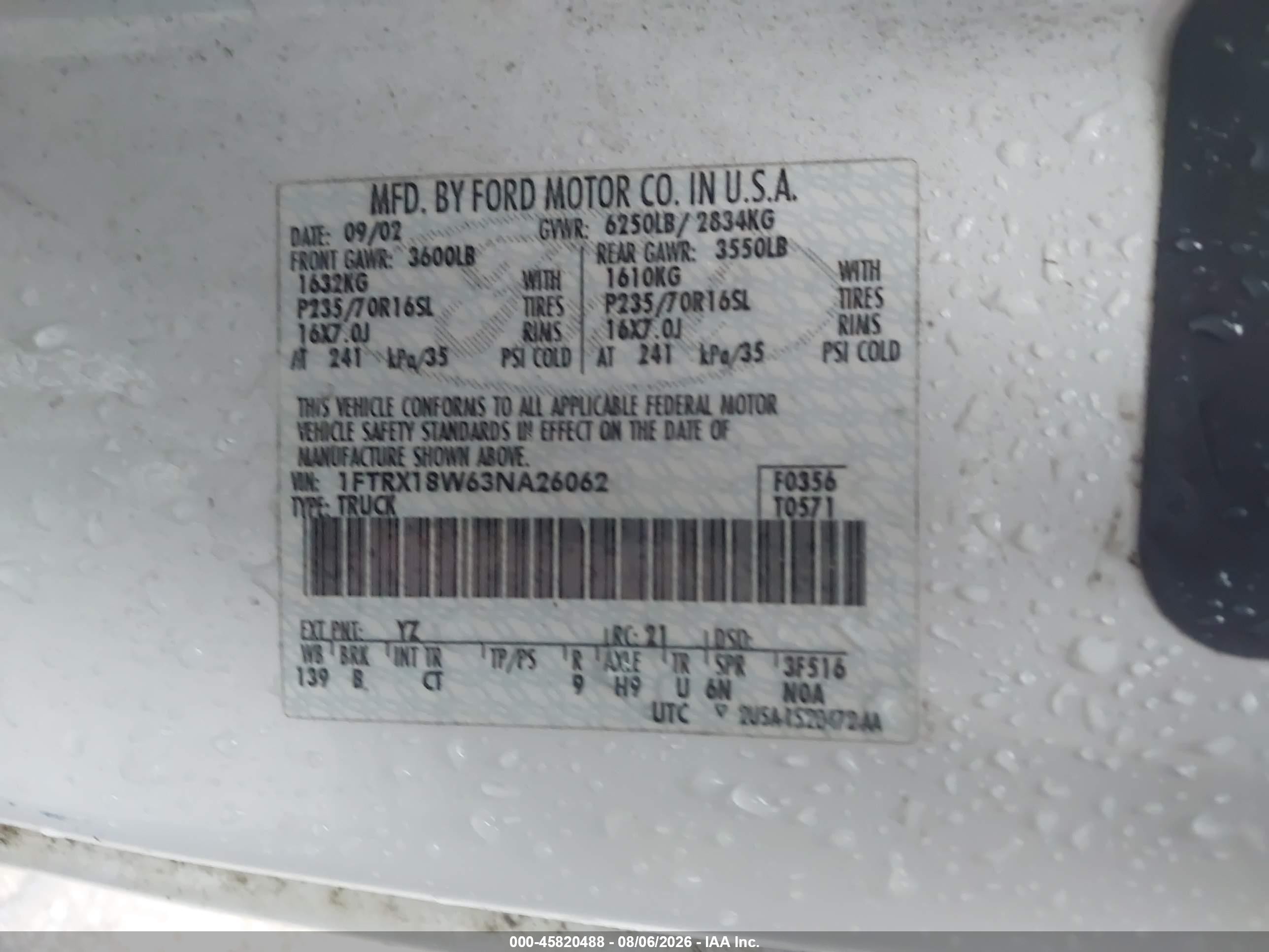 2003 Ford F-150 Lariat/xl/xlt White vin: 1FTRX18W63NA26062
