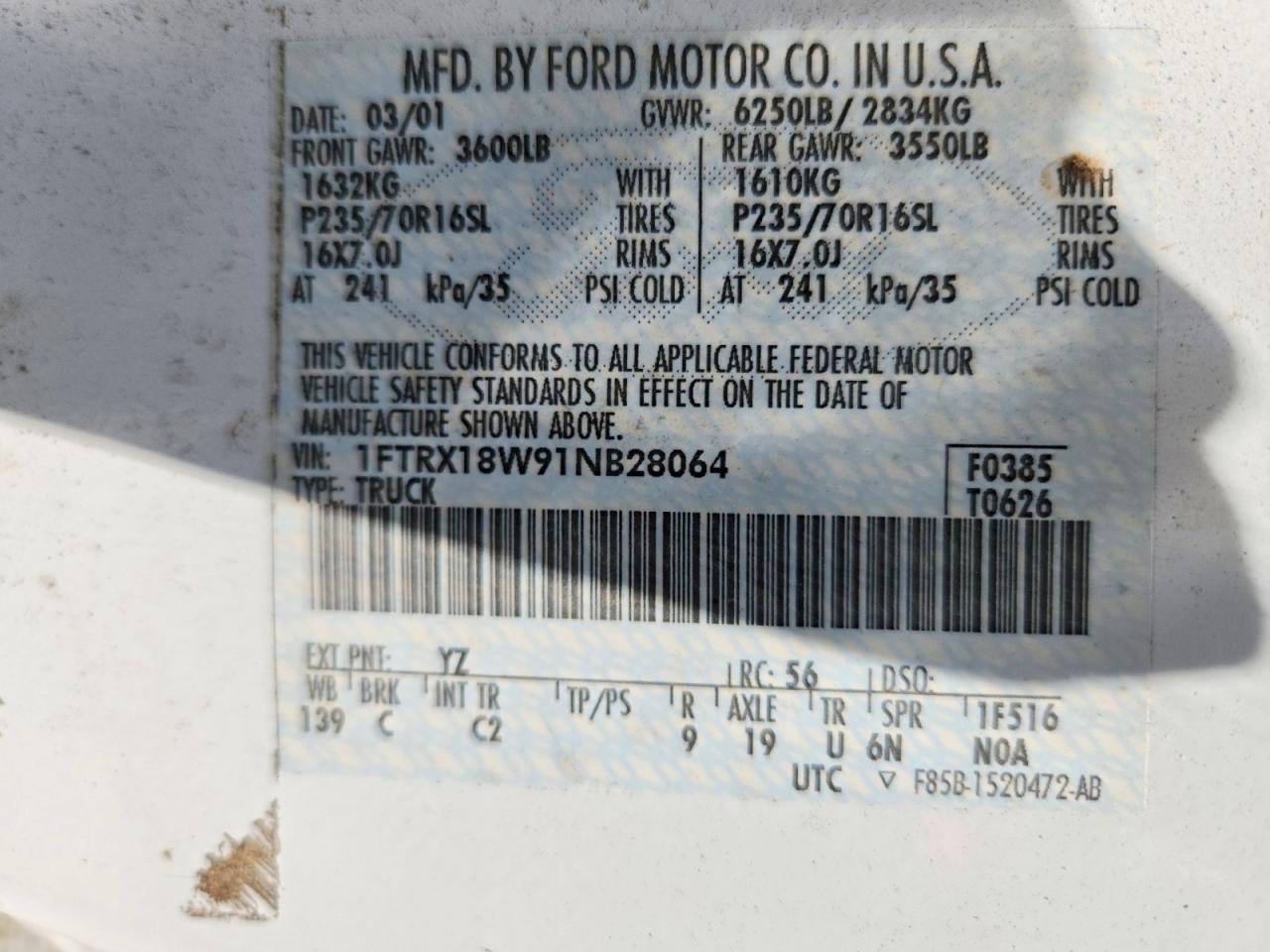 2001 Ford F150 Белый vin: 1FTRX18W91NB28064