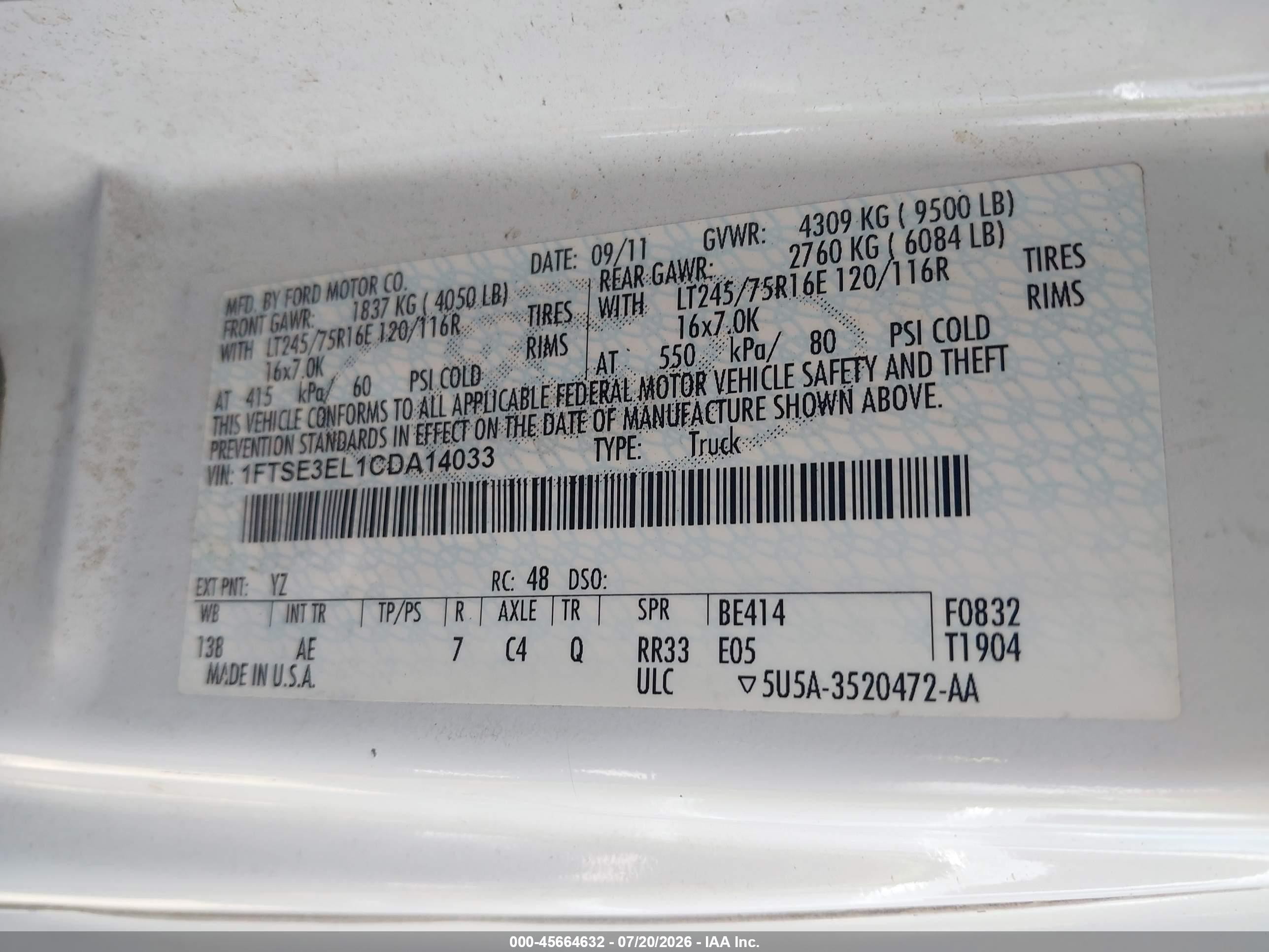2012 Ford E-350 Super Duty Commercial White vin: 1FTSE3EL1CDA14033