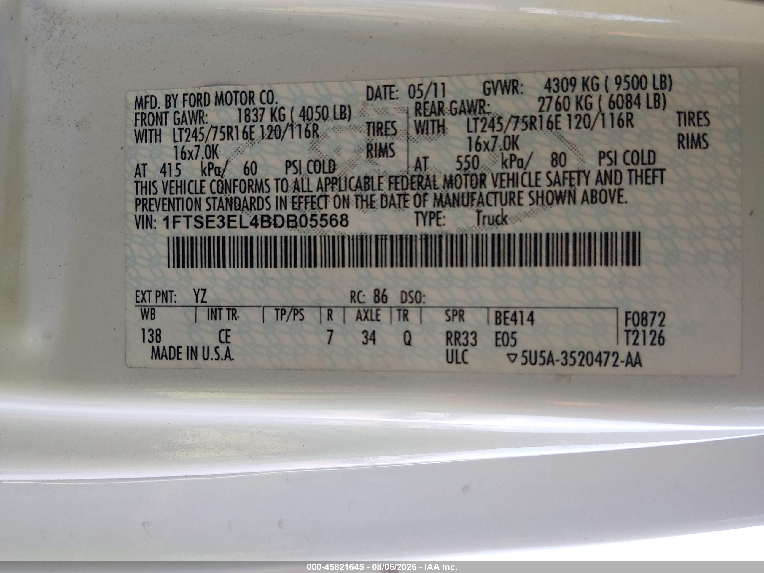 2011 Ford E-350 Super Duty Commercial White vin: 1FTSE3EL4BDB05568