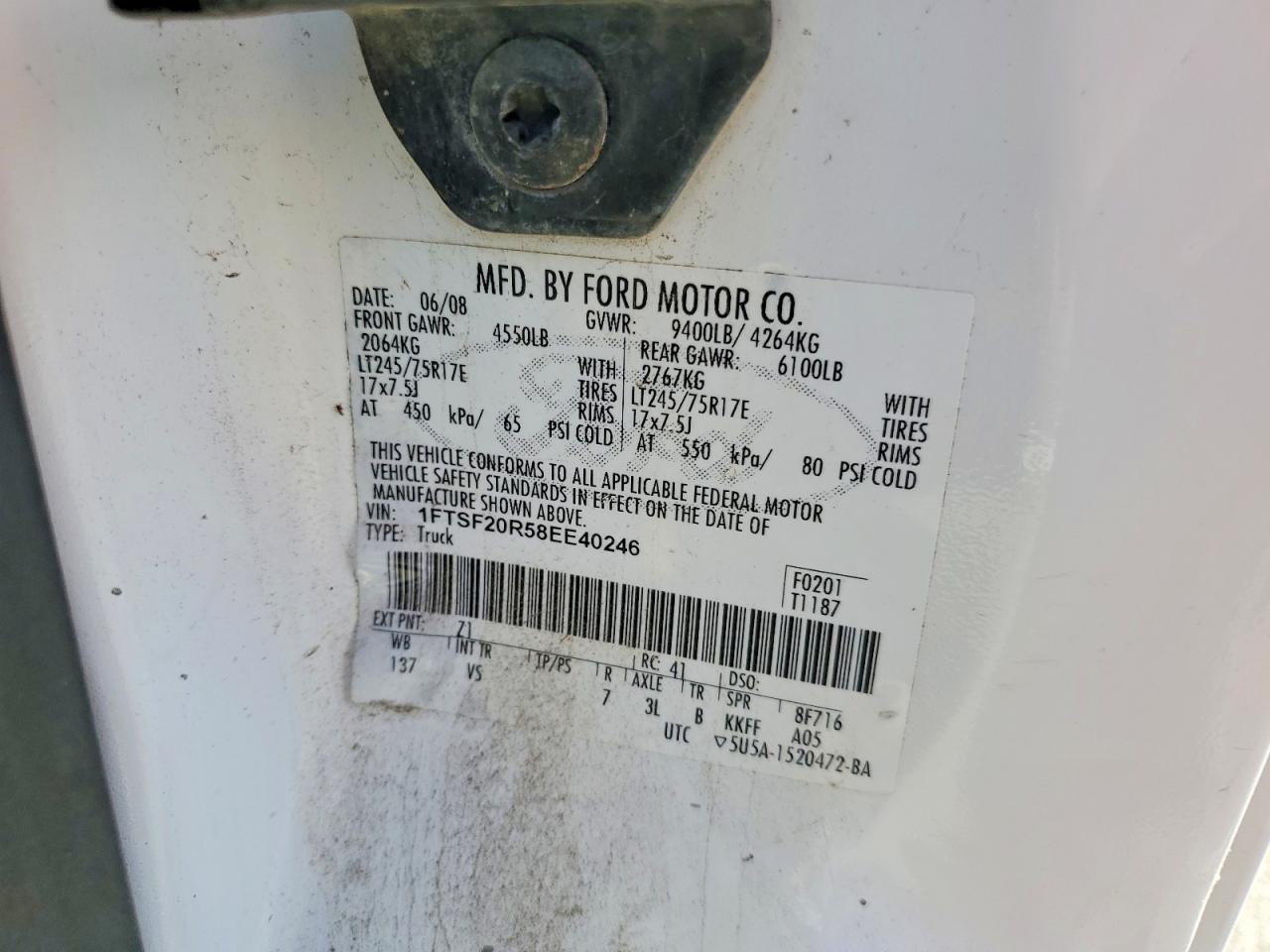 2008 Ford F250 Super Duty White vin: 1FTSF20R58EE40246