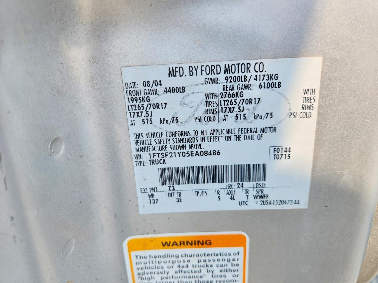 2005 Ford F250 Super Duty Silver vin: 1FTSF21Y05EA08486