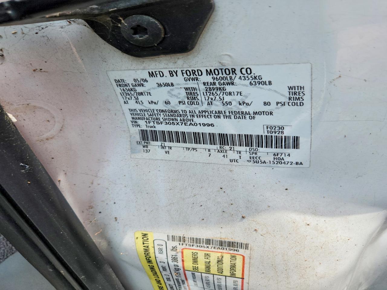2007 Ford F350 Srw Super Duty White vin: 1FTSF305X7EA01996