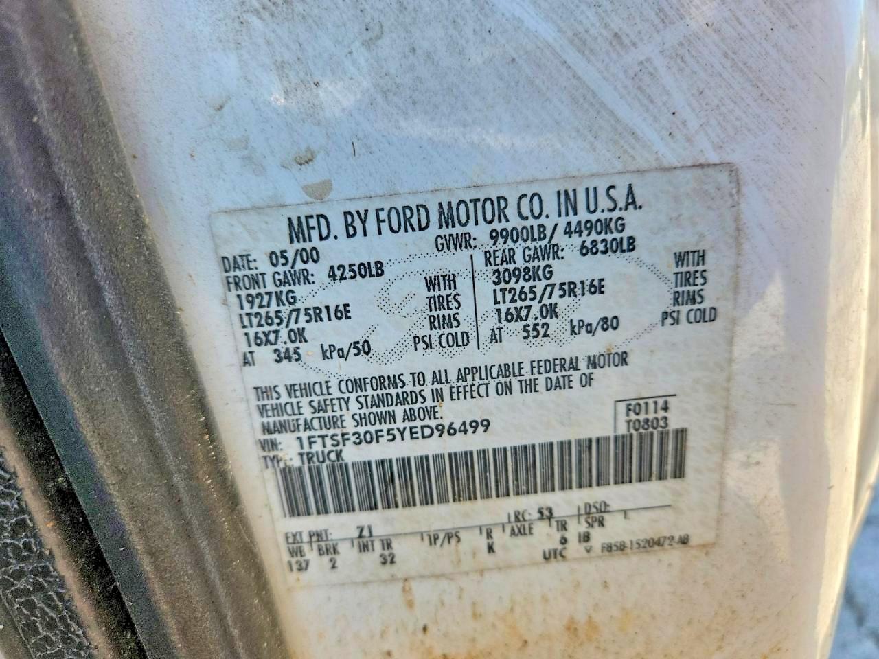 2000 Ford F350 Srw Super Duty White vin: 1FTSF30F5YED96499