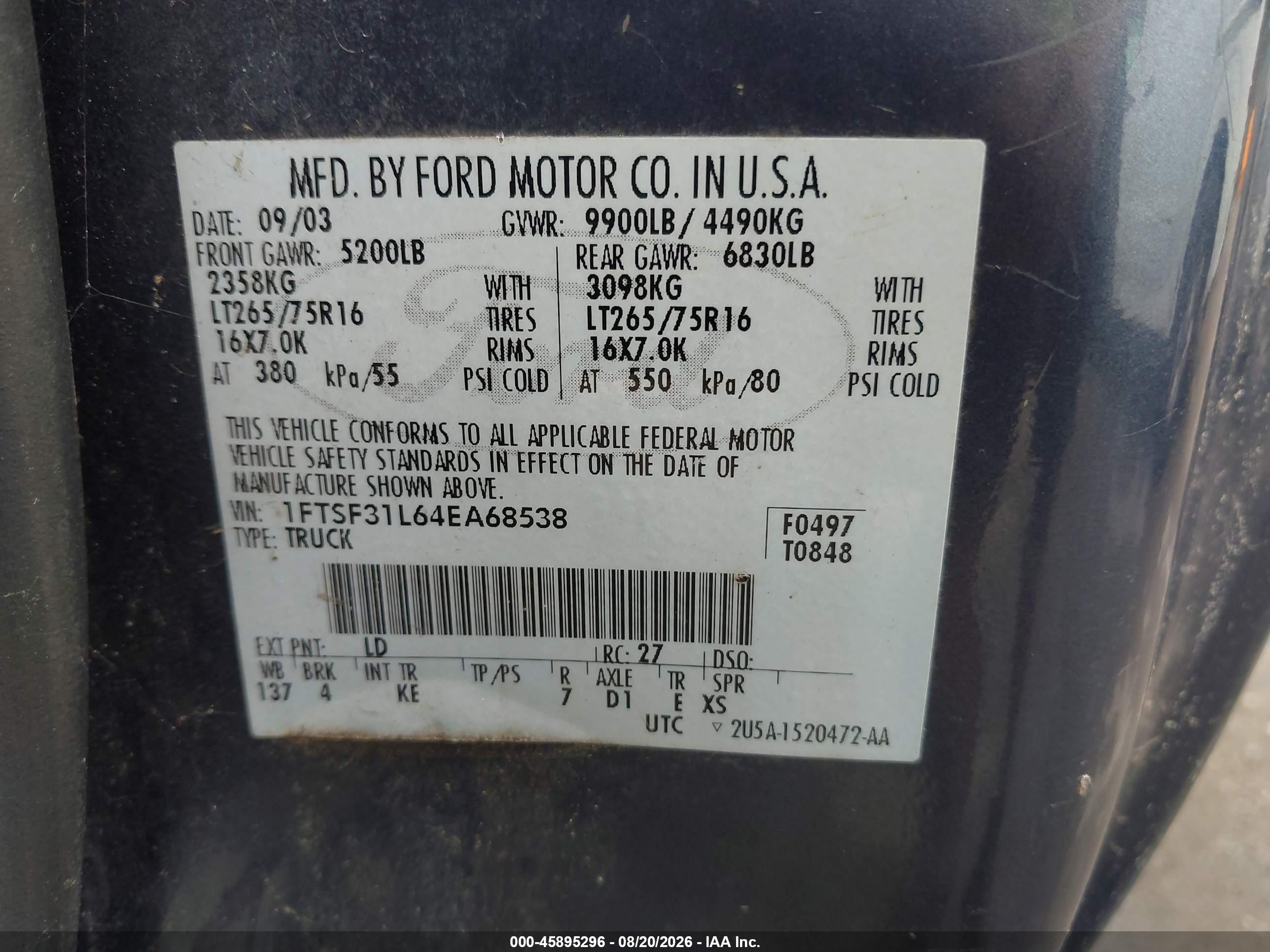 2004 Ford F-350 Xl/xlt Blue vin: 1FTSF31L64EA68538